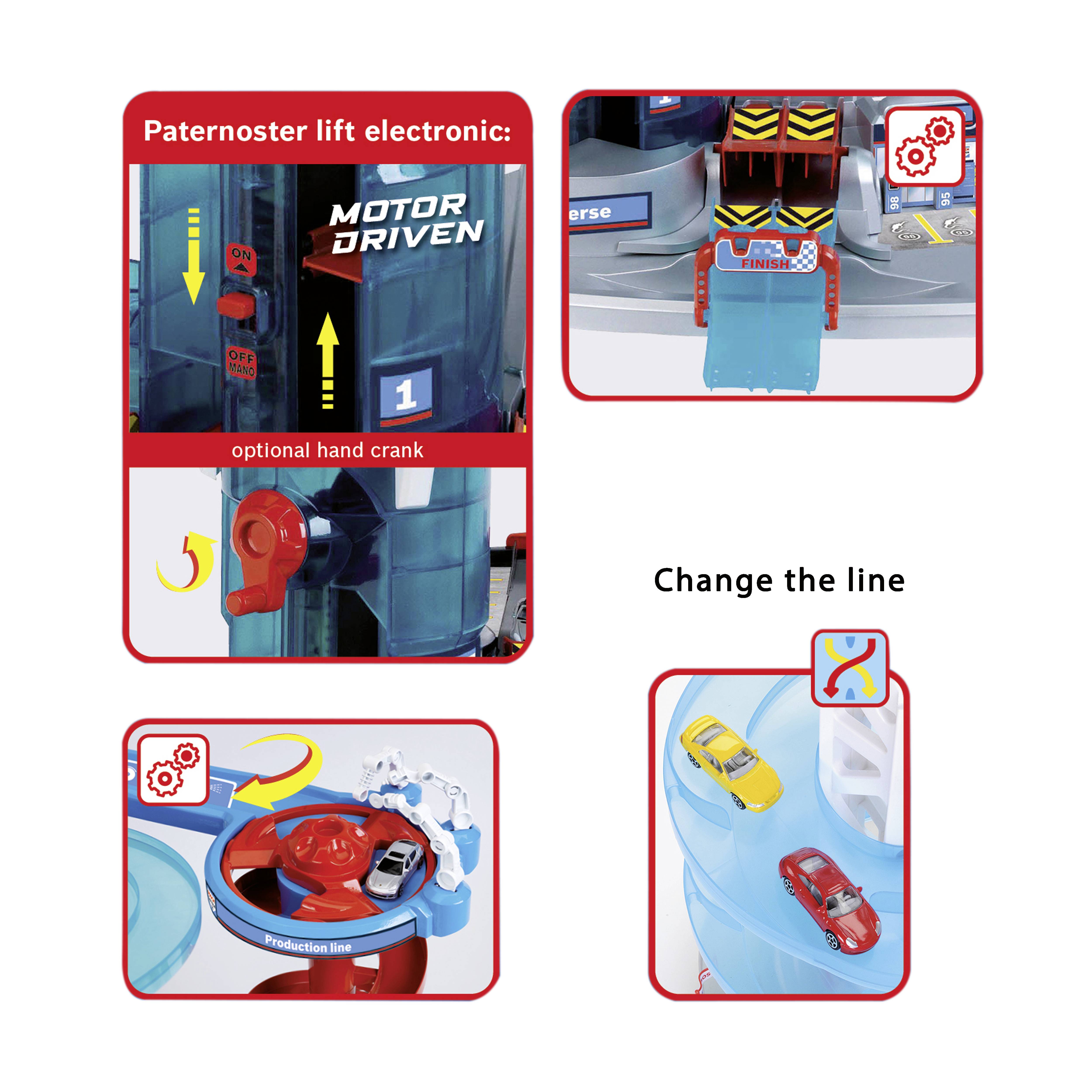 Spielzeugauto-Garage mit elektronischem Hebesystem. Zu den Funktionen gehören motorgetriebener Lift, optionale Handkurbel und verstellbare Fahrzeugbahn für Spielzeugautos.
