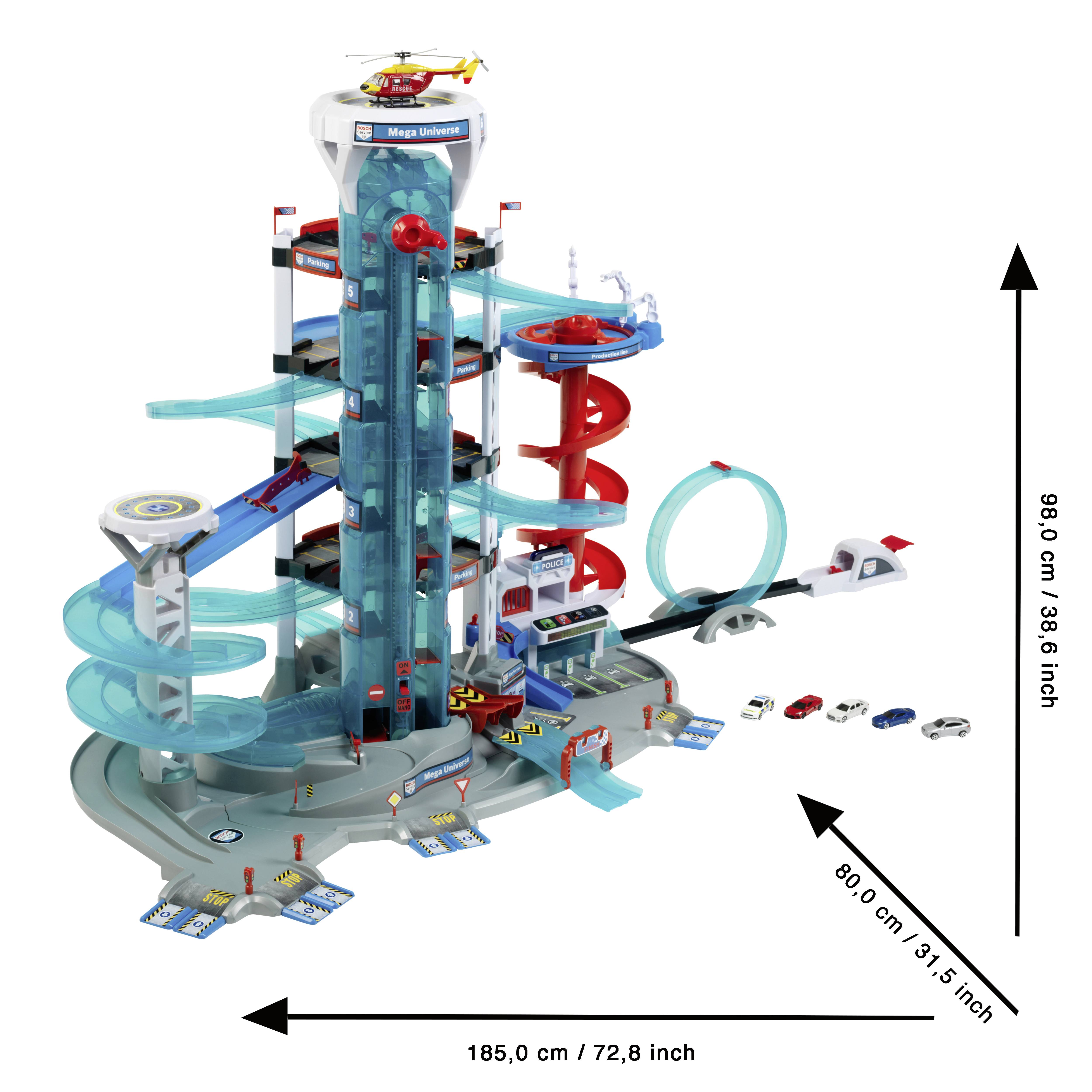 Spielzeug-Fahrzeug-Set mit einem vertikalen Turm, mehreren Rampen, Strecken und Autos. Abmessungen: 185,0 cm breit, 98,0 cm hoch und 80,0 cm tief.