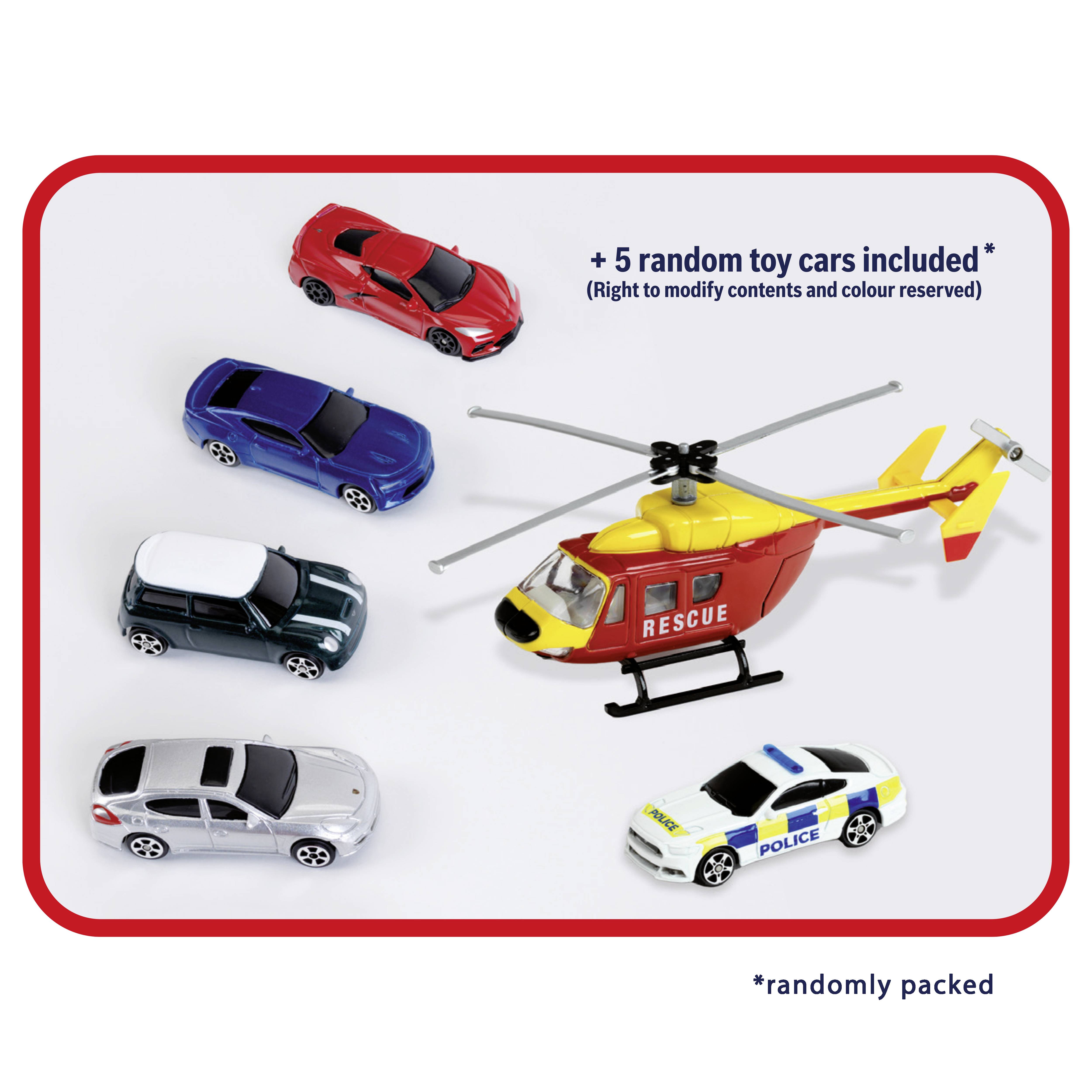 Ein leuchtend gelber und roter Rettungshubschrauber, umgeben von fünf zufälligen Spielzeugautos in verschiedenen Farben und Designs. Text lautet: '+ 5 zufällige Spielzeugautos enthalten'.