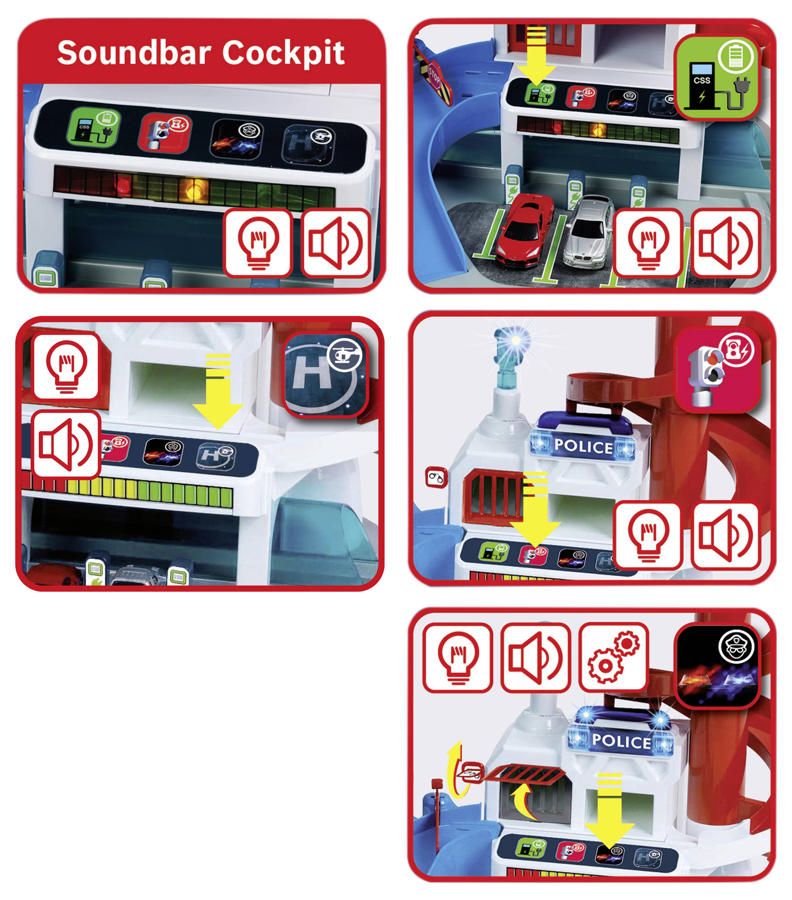Spielzeug-Autogarage mit interaktiven Soundelementen, Polizei-Themendesign und einer mehrstöckigen Parkstruktur mit Rampen und Schildern.