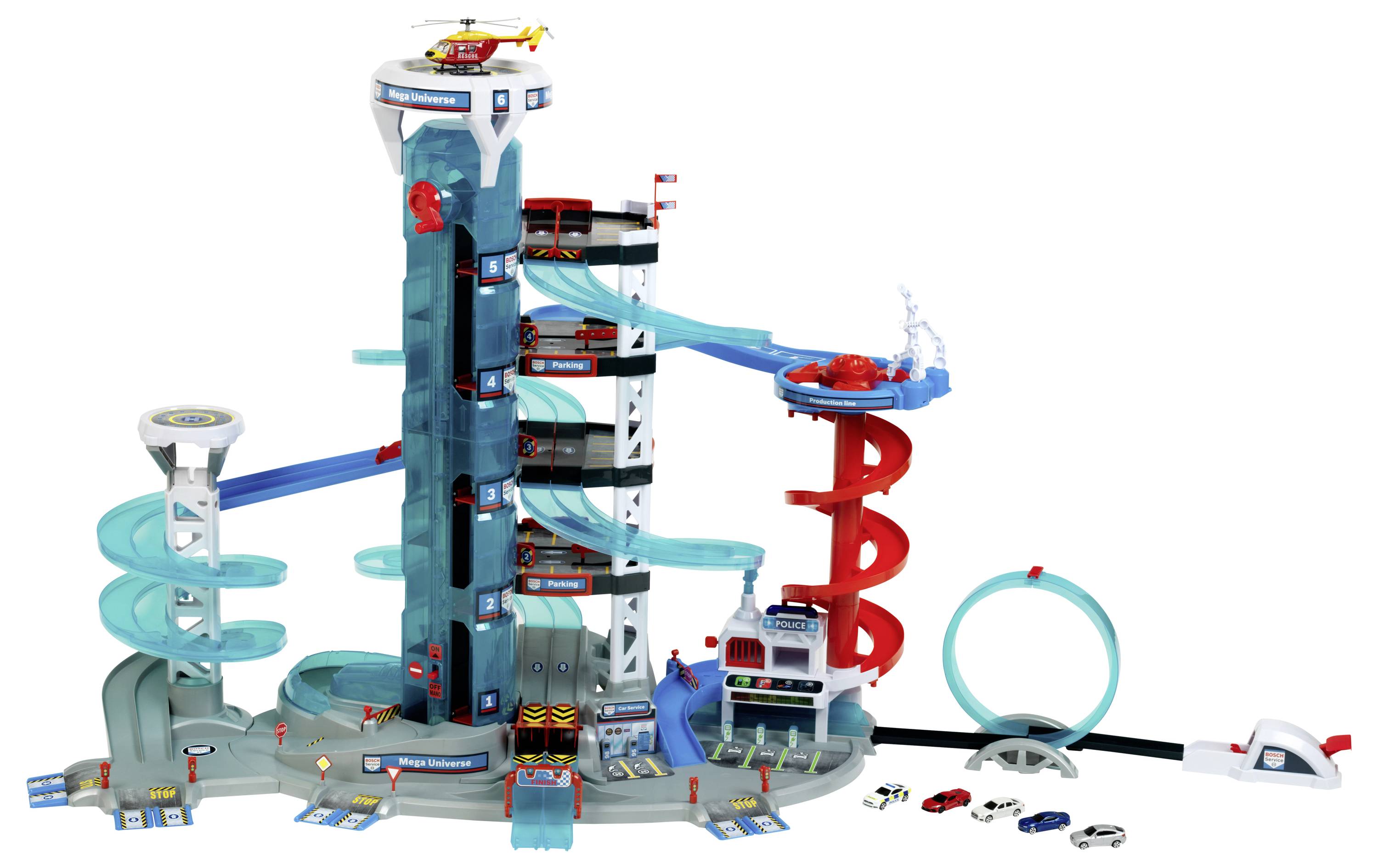 Spielset mit einem hohen Turm, mehreren Spiralrampen, kleinen Autos und interaktiven Elementen wie Toren und Schleifen für kreatives Spielen.