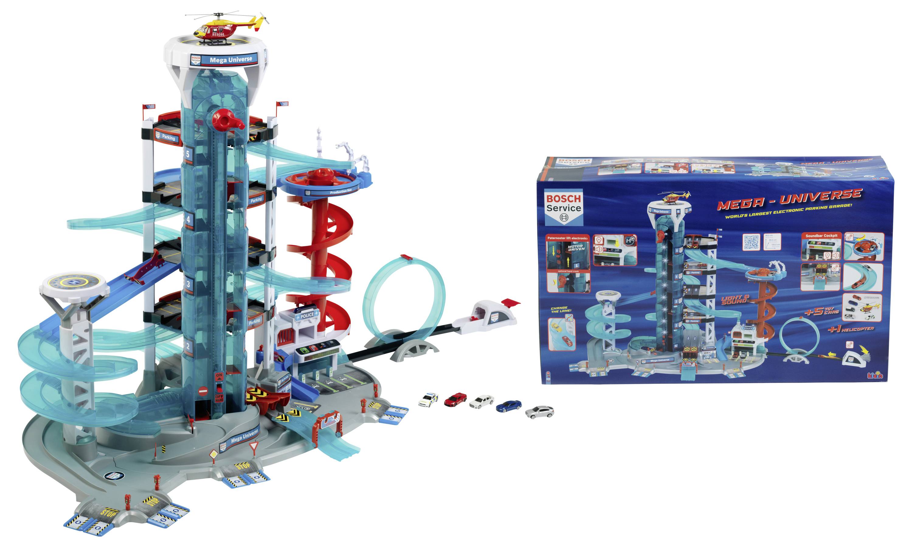 Kinderspielzeug-Set mit einem mehrstöckigen Autoparkturm, Rampen und Fahrzeugen. Auf der Verpackung sind Aufbau und Funktionen der Spielzeug-Garage abgebildet.