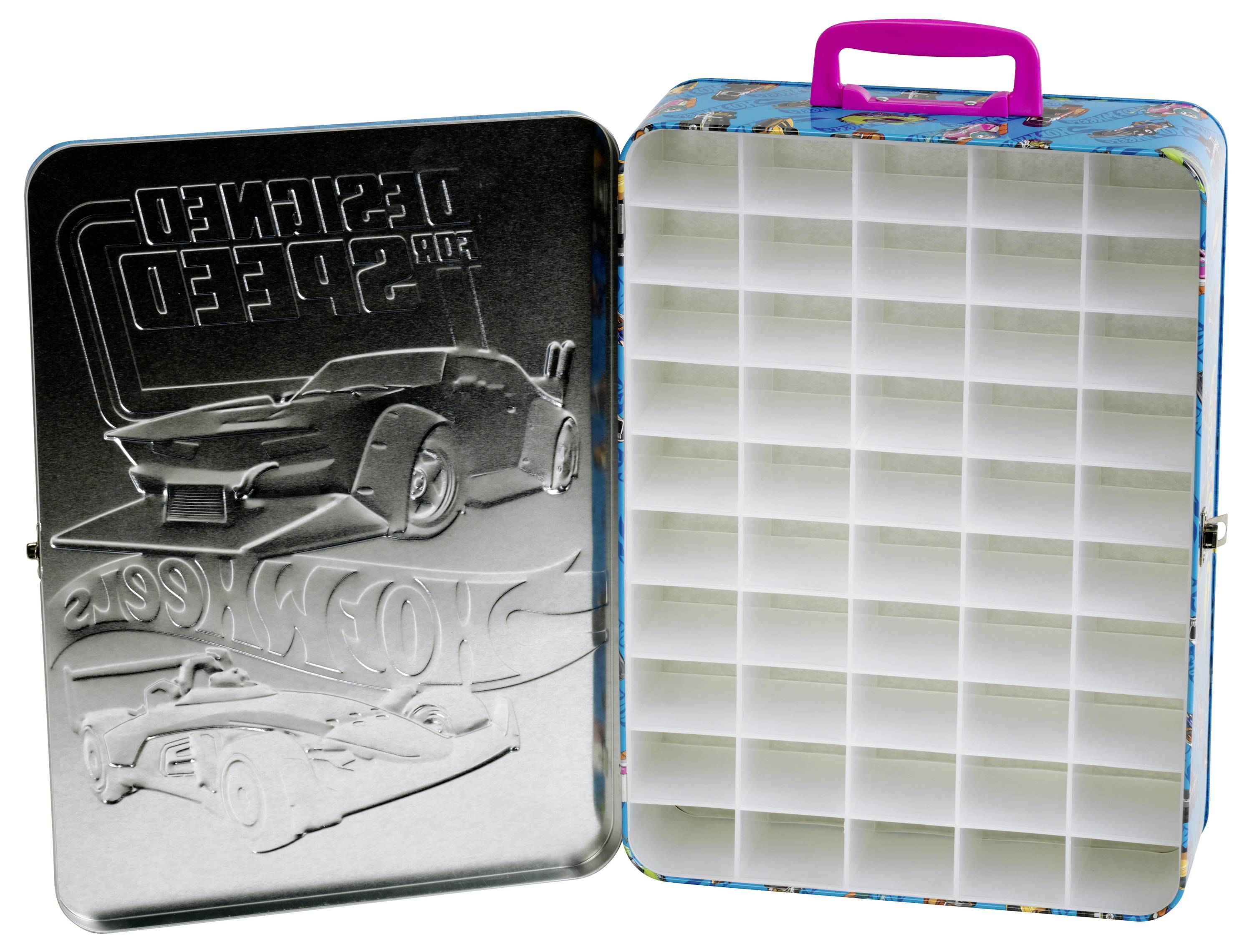 Eine offene rechteckige Blechdose mit einem rosa Griff, die ein weißes Kunststoff-Raster mit 50 Fächern zum Aufbewahren von Kleinteilen im Inneren zeigt und mit geprägten Autodesigns auf dem Deckel versehen ist.
