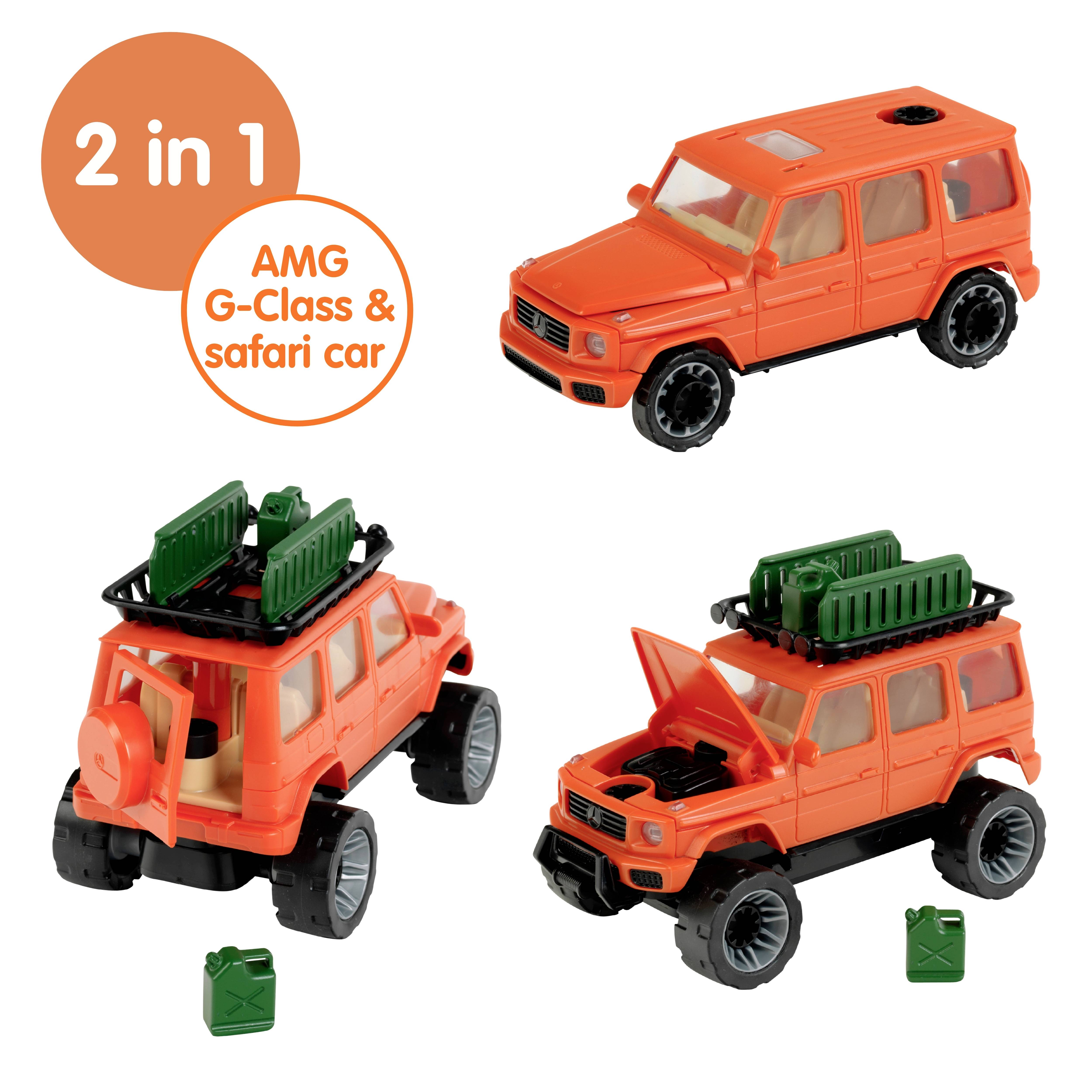 Orangefarbenes Spielzeugfahrzeug in zwei Konfigurationen: AMG G-Klasse und Safari-Auto mit Dachzubehör. Text lautet '2 in 1 AMG G-Klasse & Safari-Auto'.