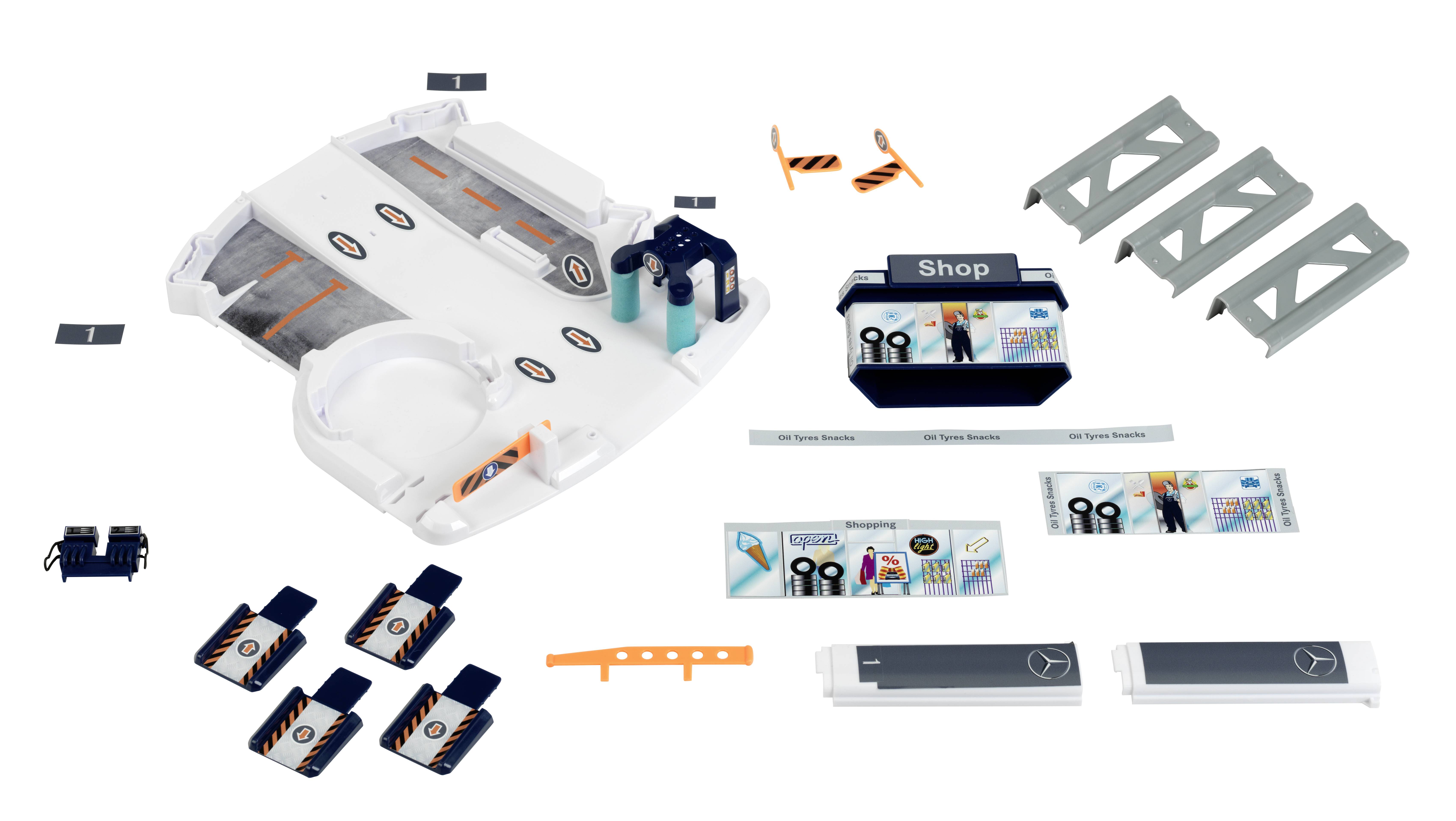 Theo Klein 3972 Mercedes-Benz Parkhaus mit 5 Ebenen I Stabile Parkgarage mit doppelter Abfahrtrampe, 2 Rennautos u.v.m.