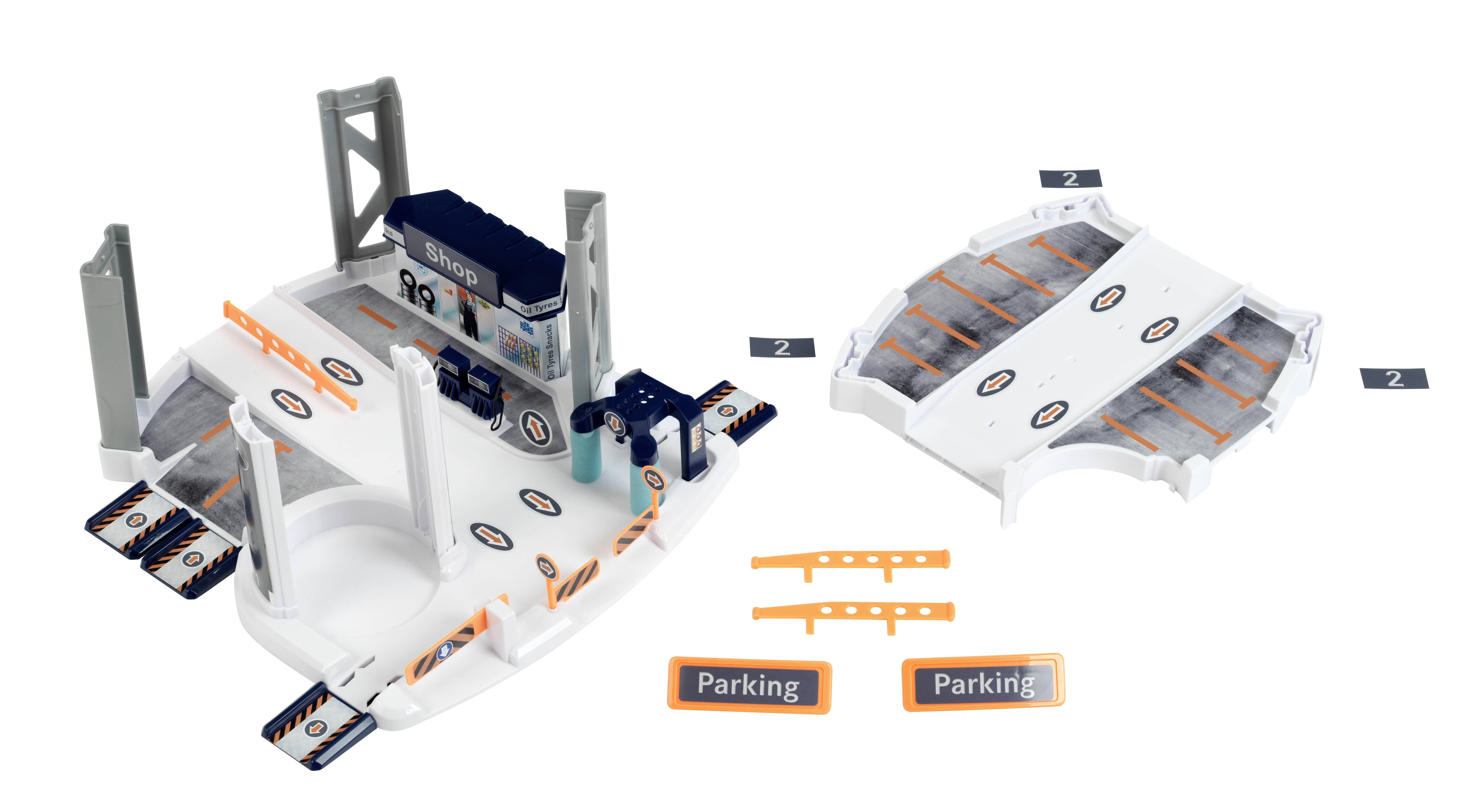 Theo Klein 3972 Mercedes-Benz Parkhaus mit 5 Ebenen I Stabile Parkgarage mit doppelter Abfahrtrampe, 2 Rennautos u.v.m.