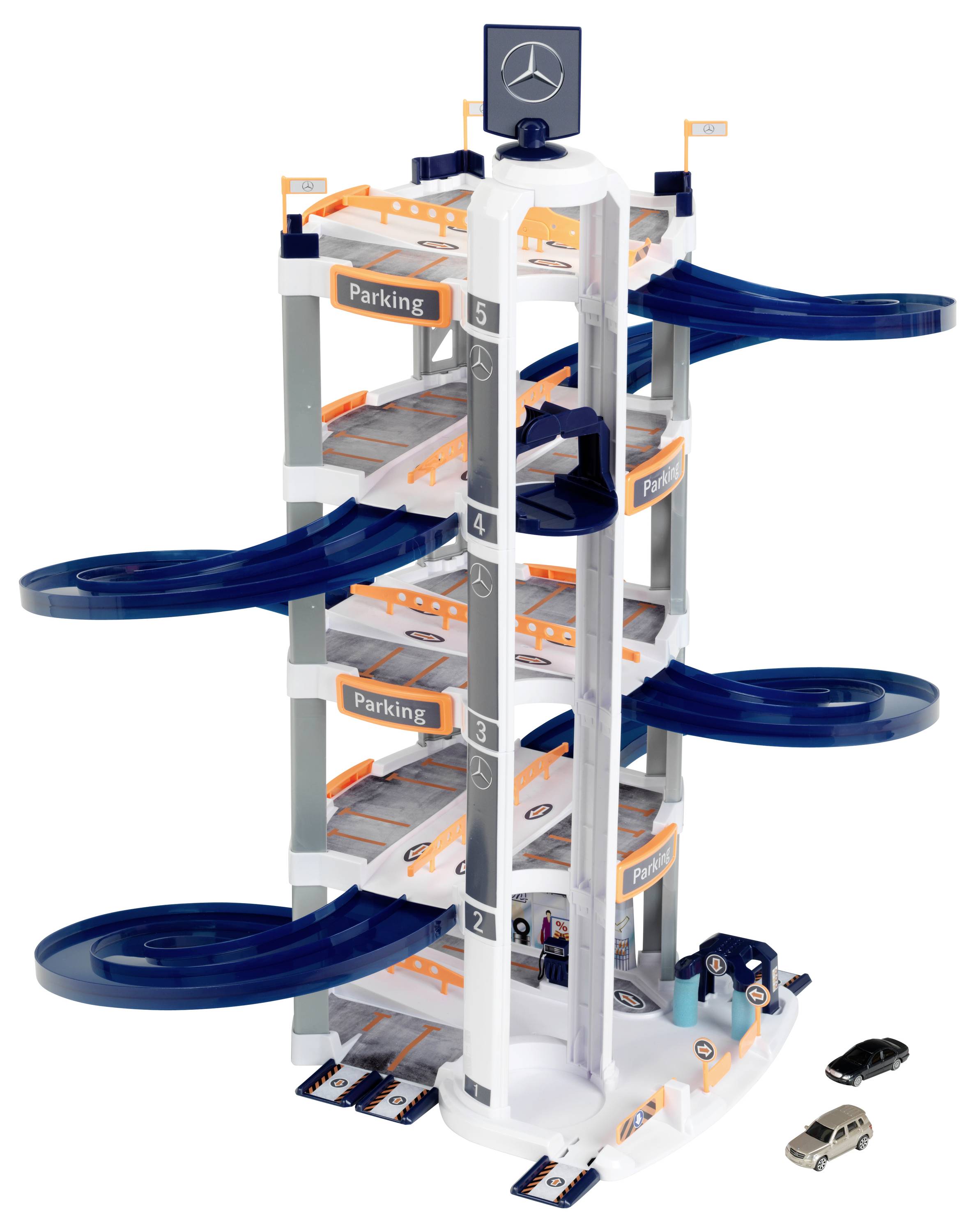 Theo Klein 3972 Mercedes-Benz Parkhaus mit 5 Ebenen I Stabile Parkgarage mit doppelter Abfahrtrampe, 2 Rennautos u.v.m.