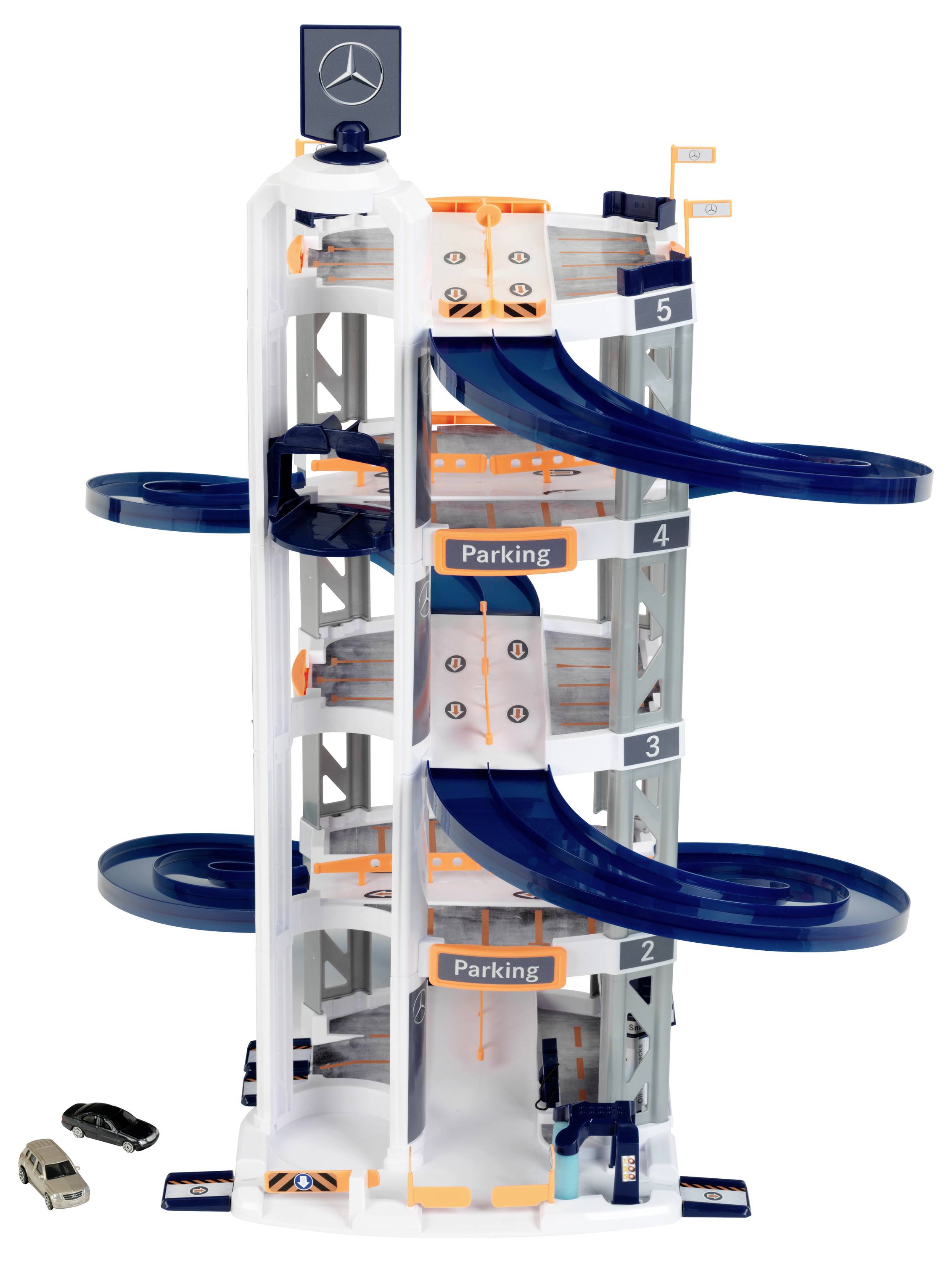 Theo Klein 3972 Mercedes-Benz Parkhaus mit 5 Ebenen I Stabile Parkgarage mit doppelter Abfahrtrampe, 2 Rennautos u.v.m.