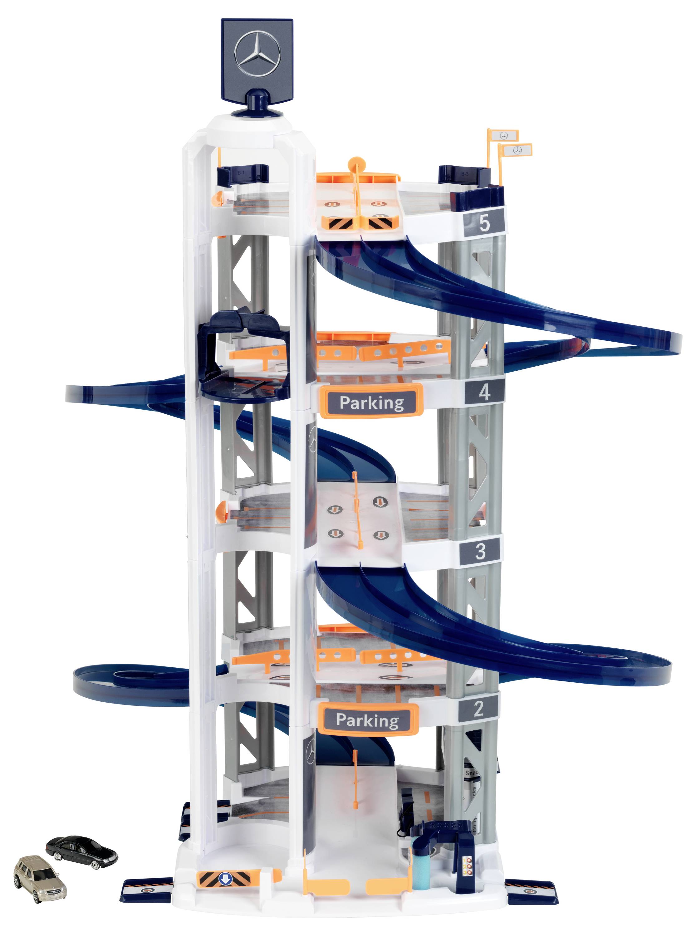 Theo Klein 3972 Mercedes-Benz Parkhaus mit 5 Ebenen I Stabile Parkgarage mit doppelter Abfahrtrampe, 2 Rennautos u.v.m.