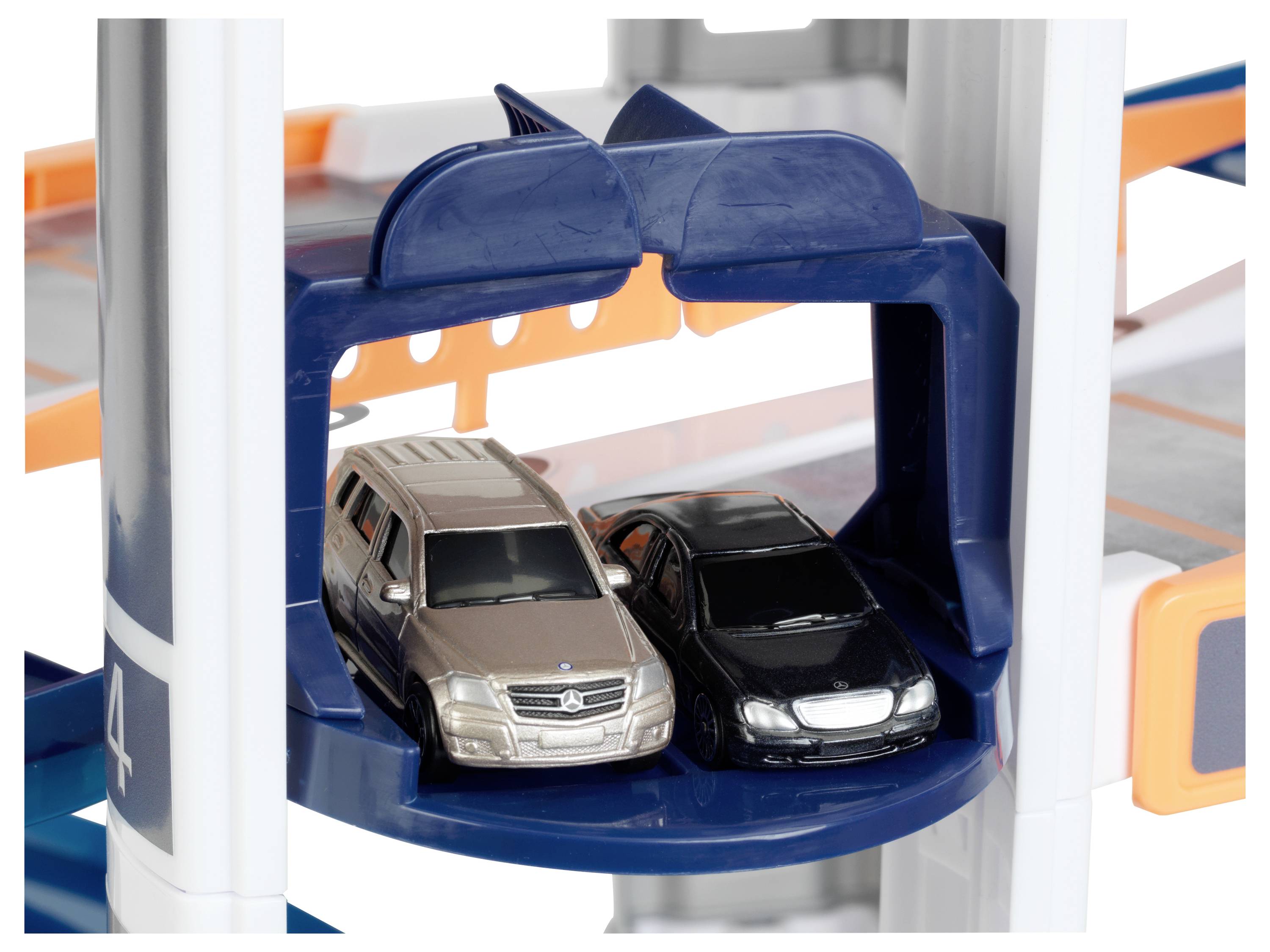 Theo Klein 3972 Mercedes-Benz Parkhaus mit 5 Ebenen I Stabile Parkgarage mit doppelter Abfahrtrampe, 2 Rennautos u.v.m.