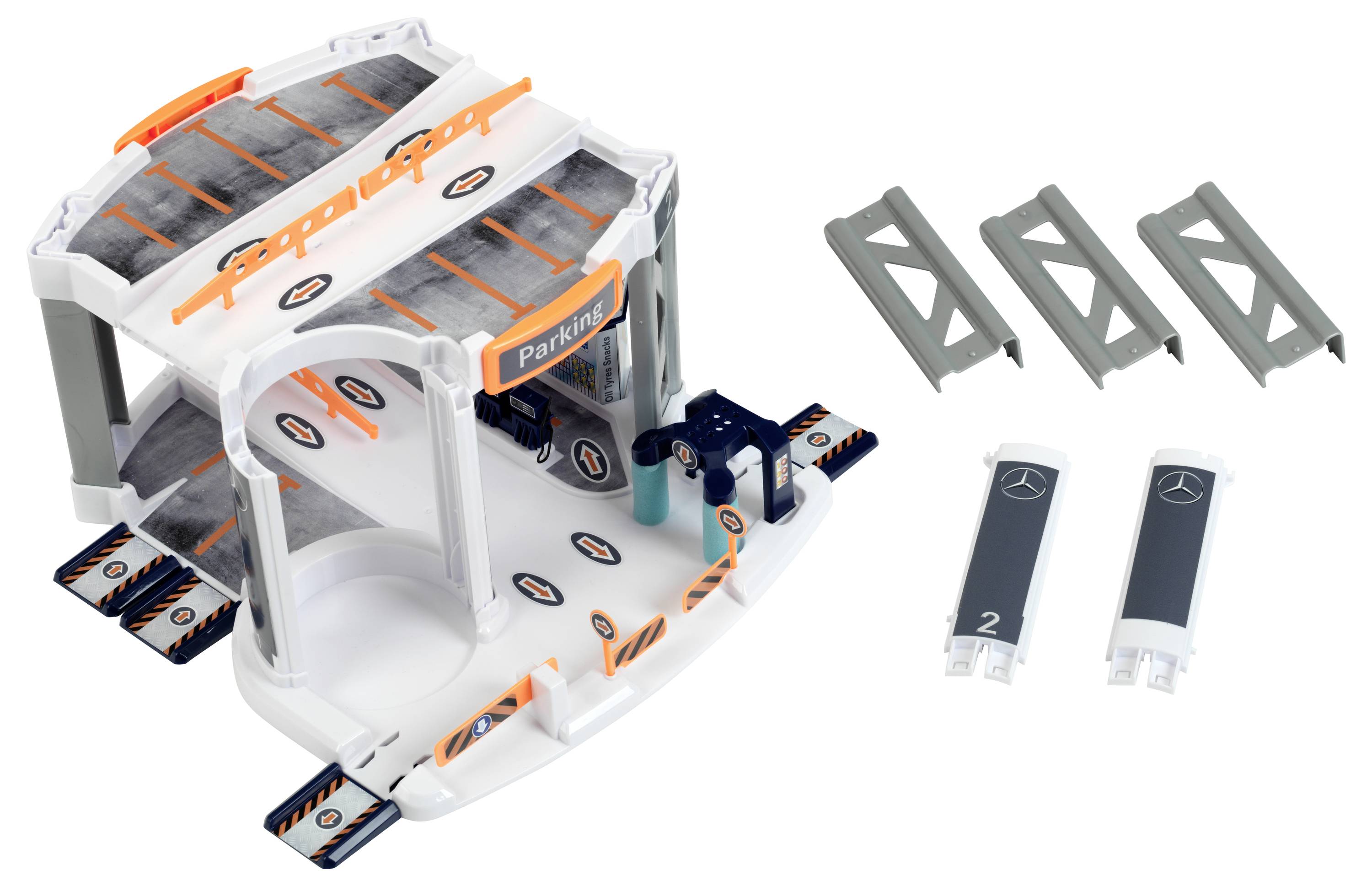 Theo Klein 3972 Mercedes-Benz Parkhaus mit 5 Ebenen I Stabile Parkgarage mit doppelter Abfahrtrampe, 2 Rennautos u.v.m.