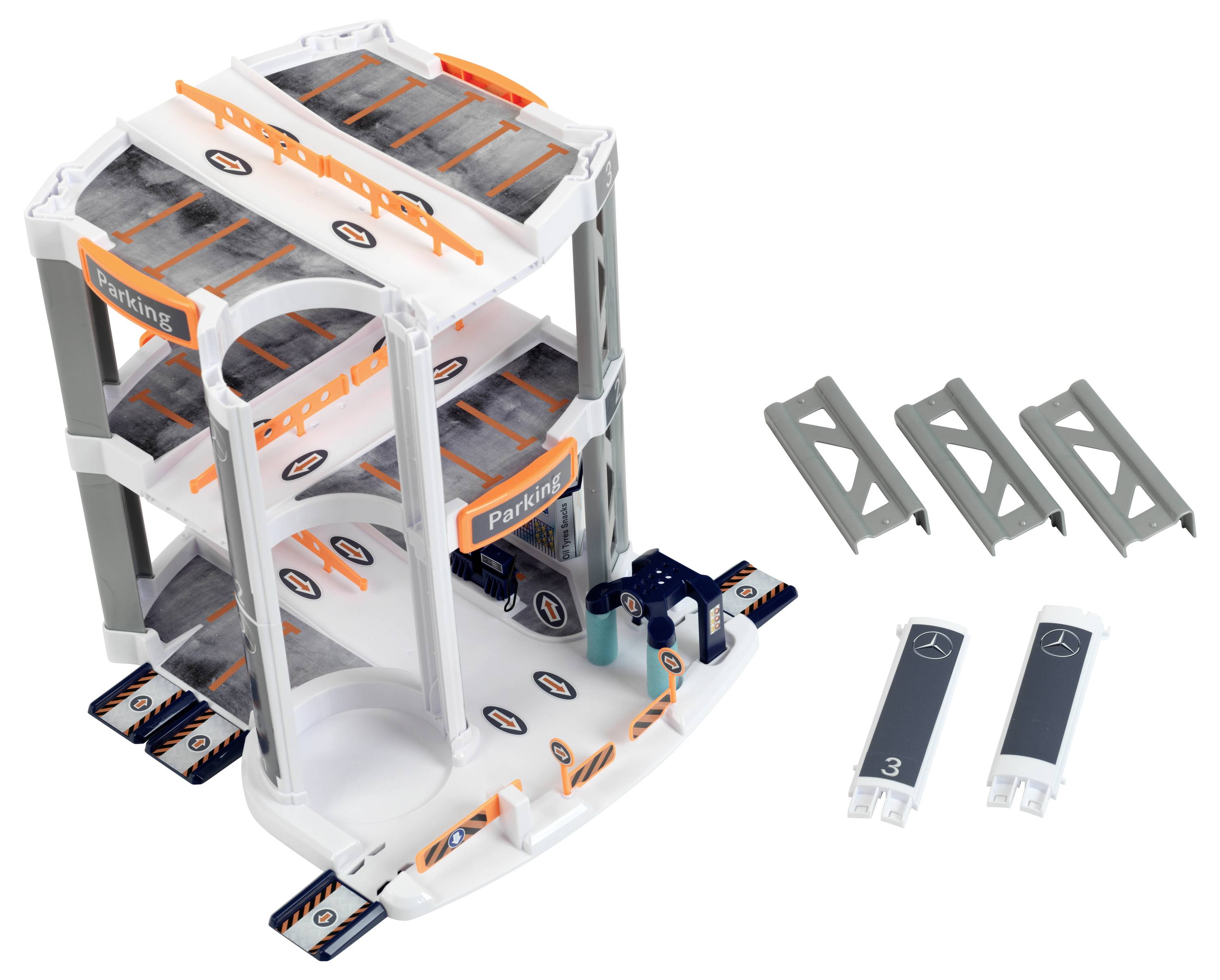 Theo Klein 3972 Mercedes-Benz Parkhaus mit 5 Ebenen I Stabile Parkgarage mit doppelter Abfahrtrampe, 2 Rennautos u.v.m.