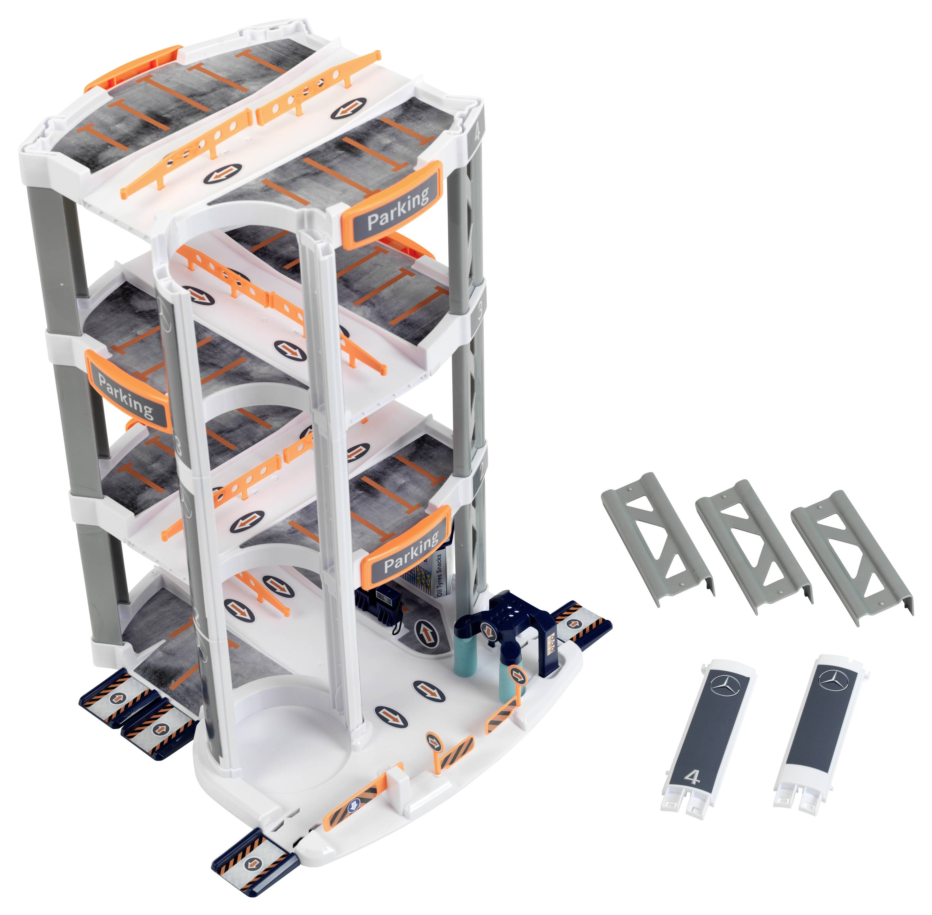 Theo Klein 3972 Mercedes-Benz Parkhaus mit 5 Ebenen I Stabile Parkgarage mit doppelter Abfahrtrampe, 2 Rennautos u.v.m.