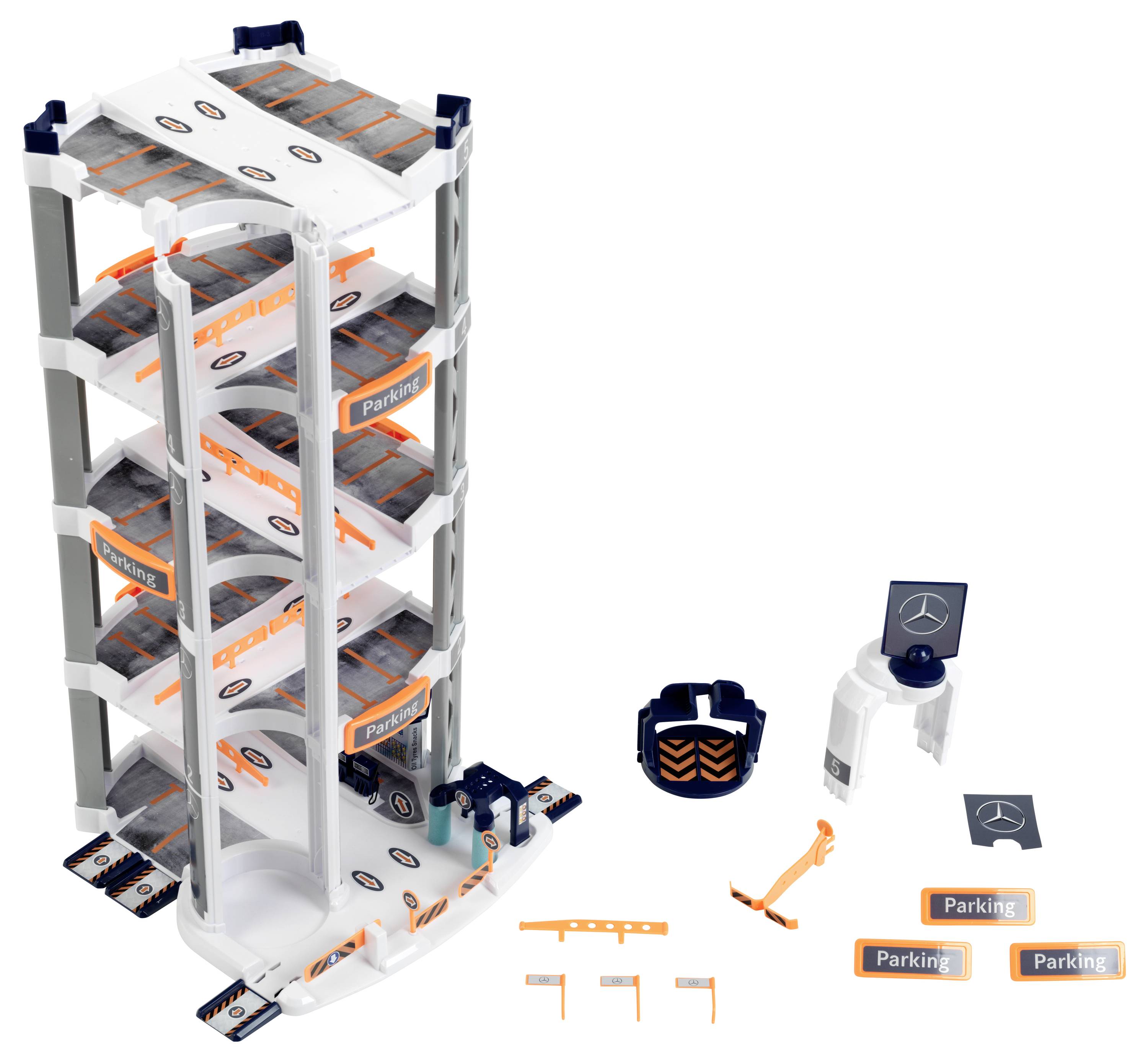 Theo Klein 3972 Mercedes-Benz Parkhaus mit 5 Ebenen I Stabile Parkgarage mit doppelter Abfahrtrampe, 2 Rennautos u.v.m.