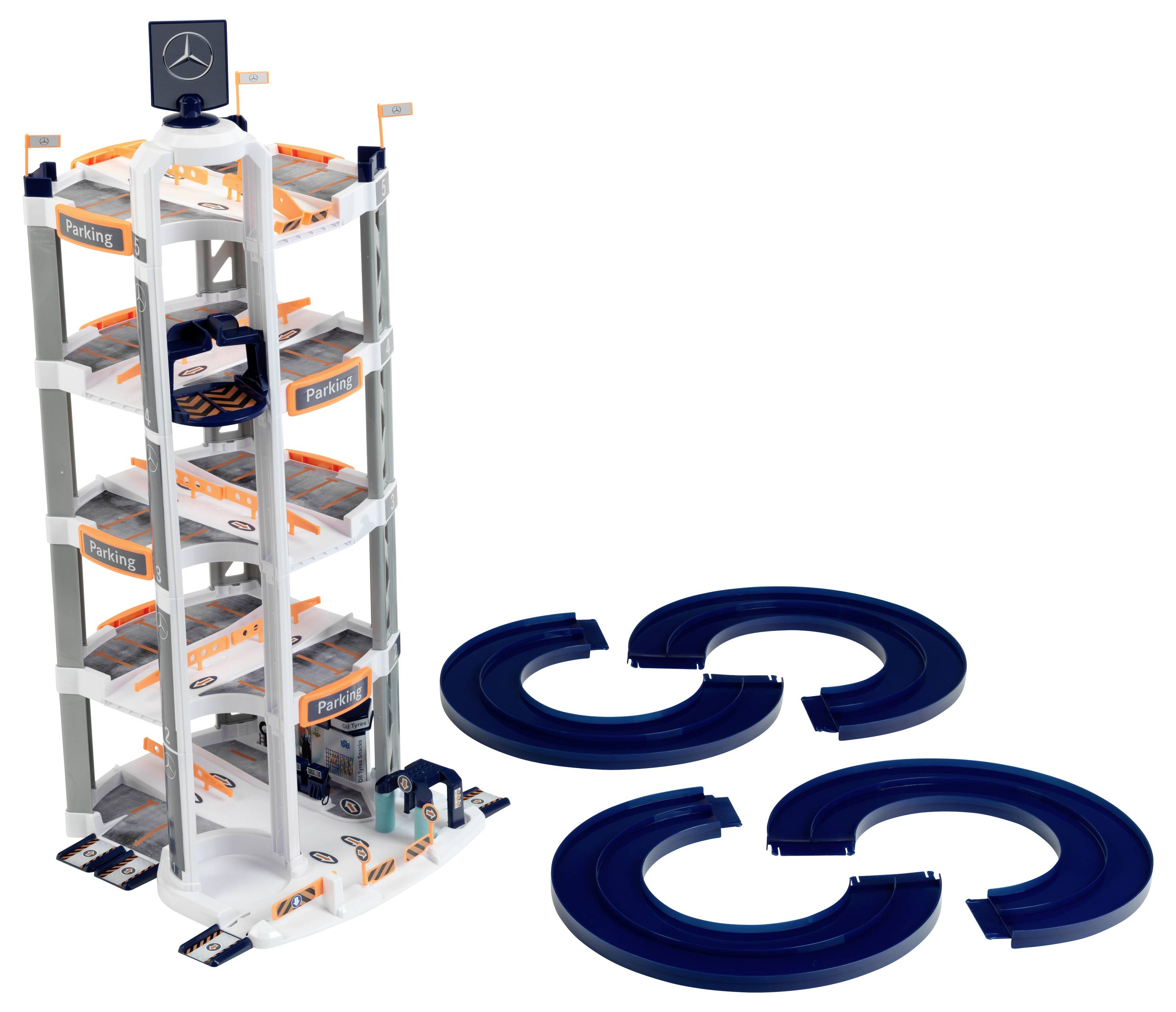 Theo Klein 3972 Mercedes-Benz Parkhaus mit 5 Ebenen I Stabile Parkgarage mit doppelter Abfahrtrampe, 2 Rennautos u.v.m.