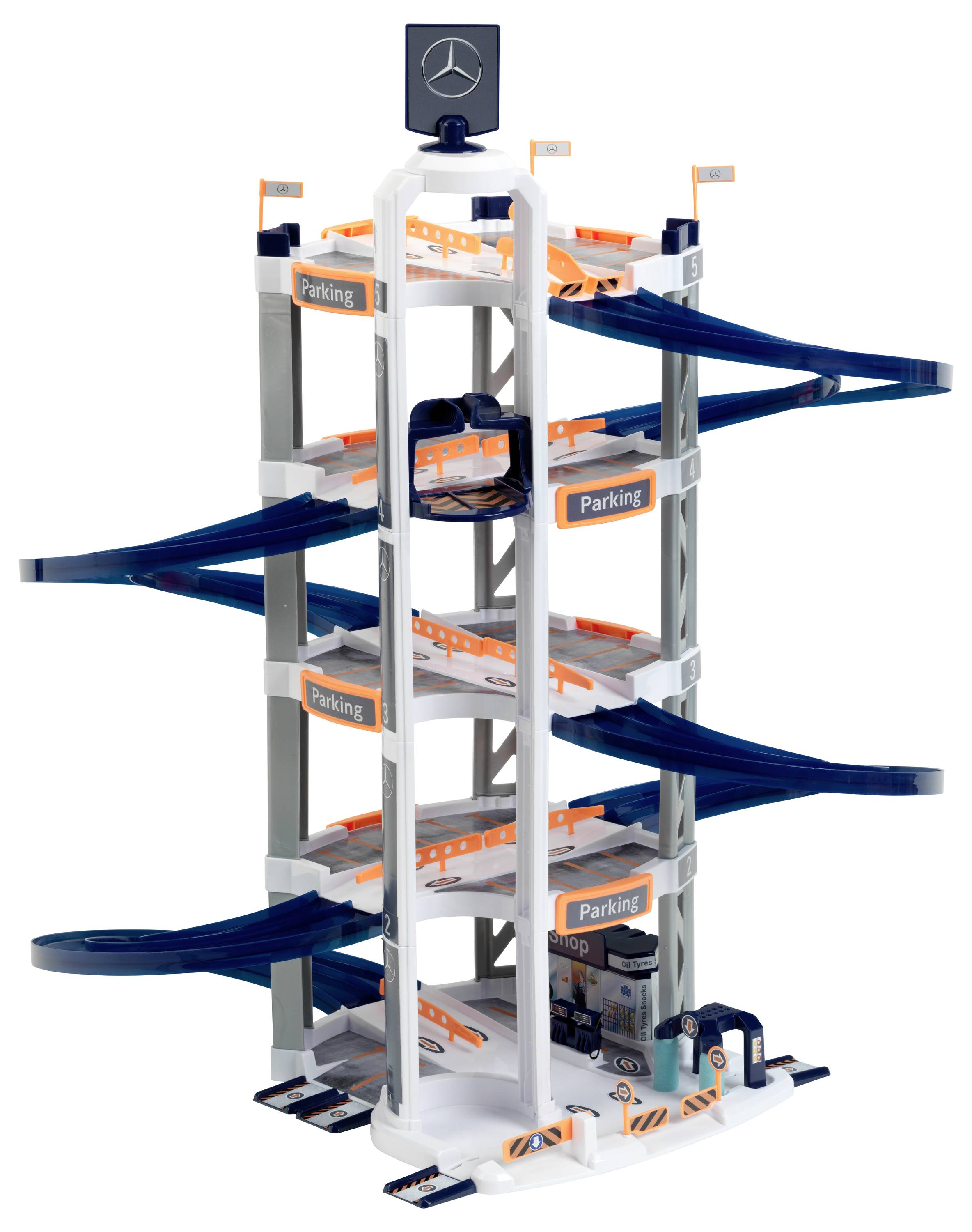 Theo Klein 3972 Mercedes-Benz Parkhaus mit 5 Ebenen I Stabile Parkgarage mit doppelter Abfahrtrampe, 2 Rennautos u.v.m.