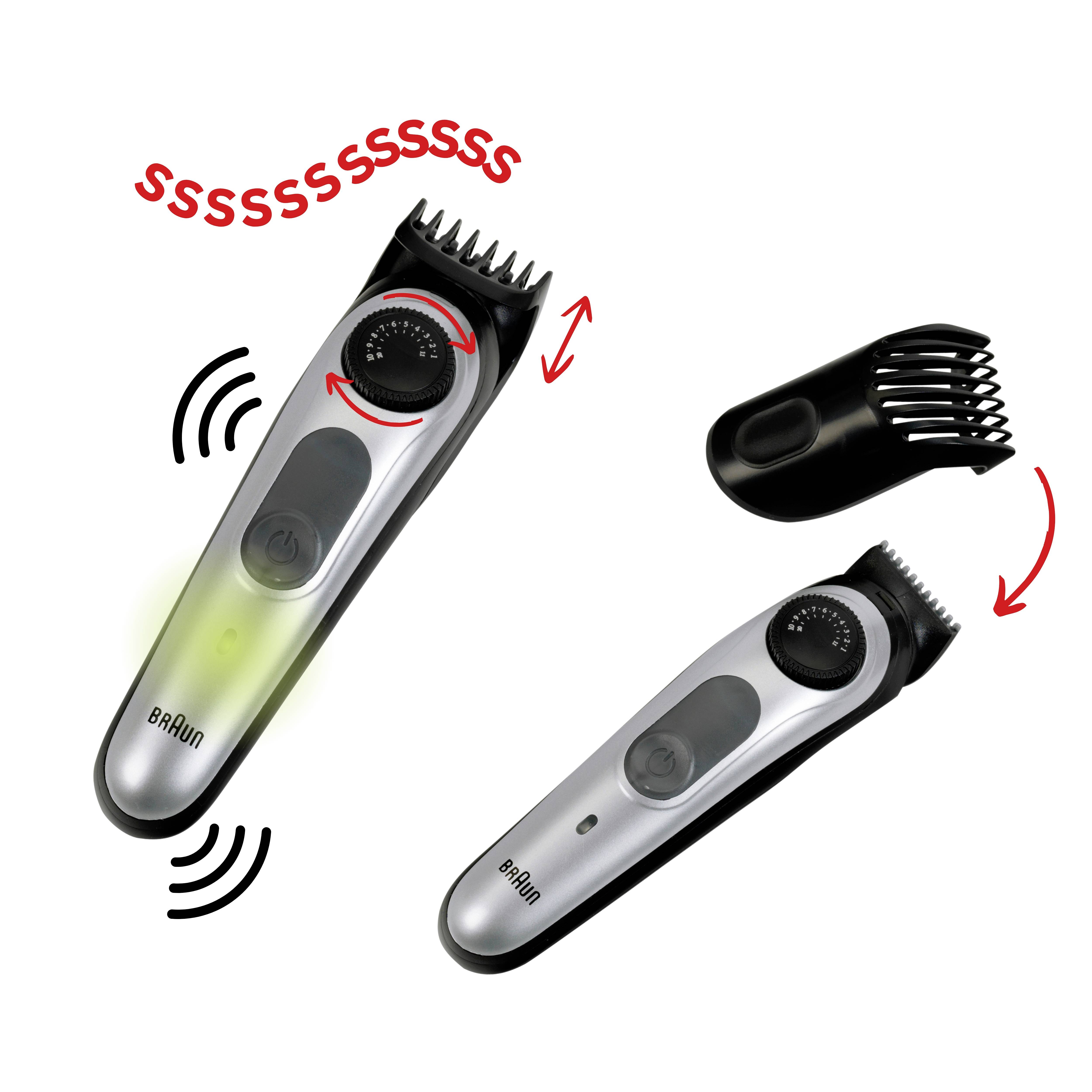 Elektrischer Haarschneider-Set mit verstellbarem Drehregler und abnehmbarem Kamm, der das Trimmergeräusch mit dem Text 