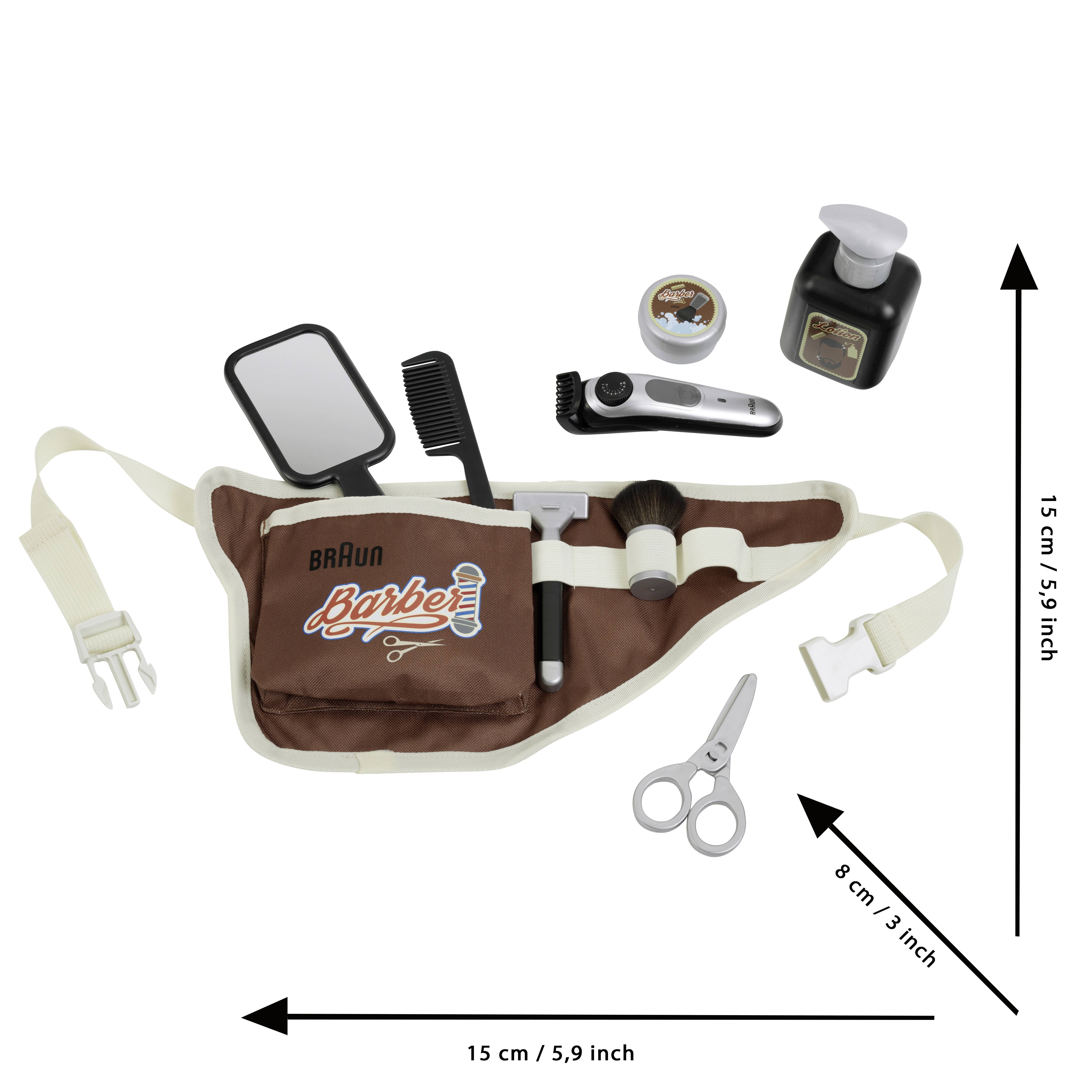 Friseur-Set mit Schere, Kamm, Bürste, Spiegel, Sprühflasche und Haarschneidemaschine in einer Hüfttasche.