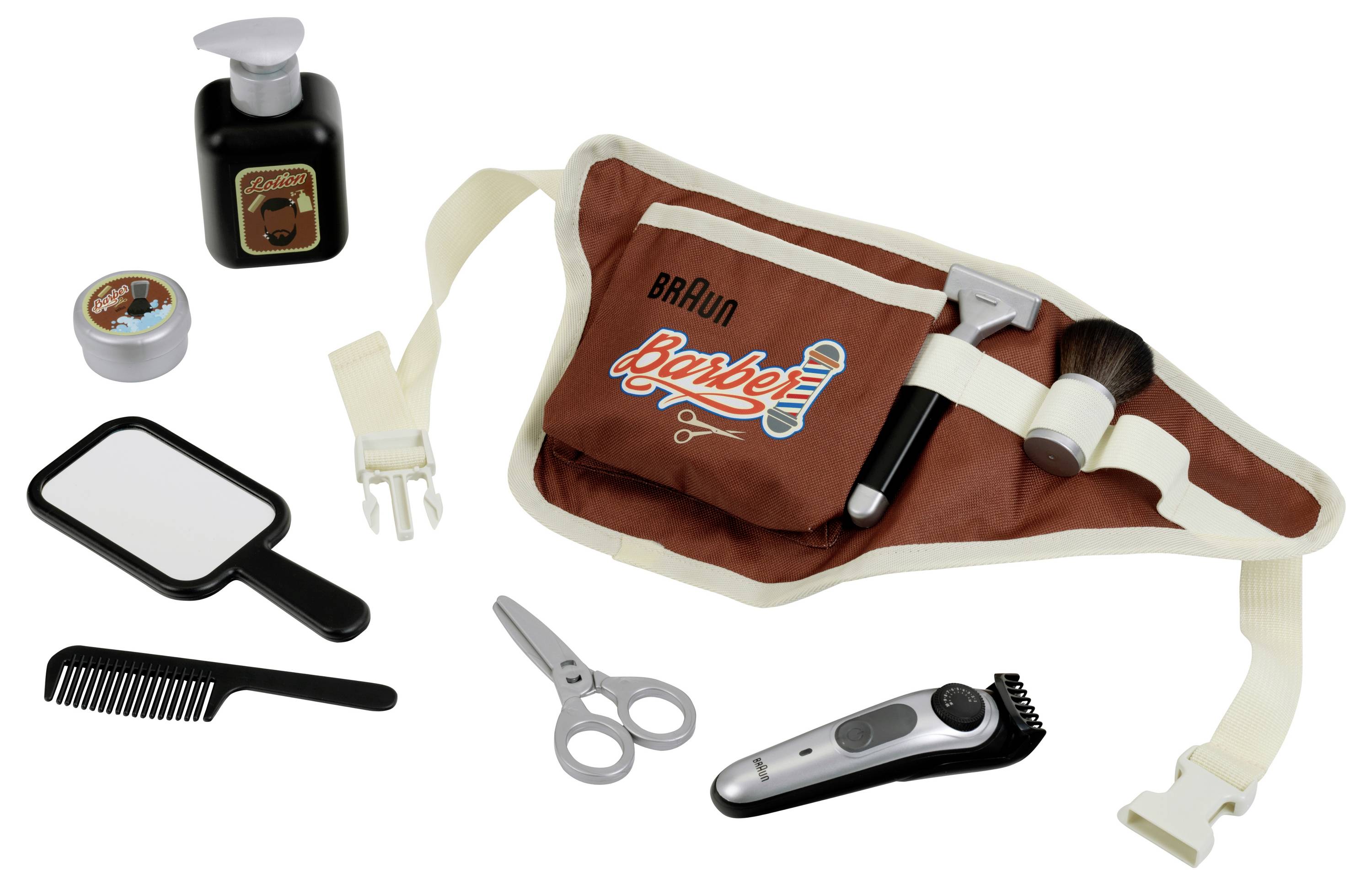 Friseur-Set mit Schürze, Schere, Bürste, Rasiermesser, Kamm, Spiegel und Pflegeprodukten.