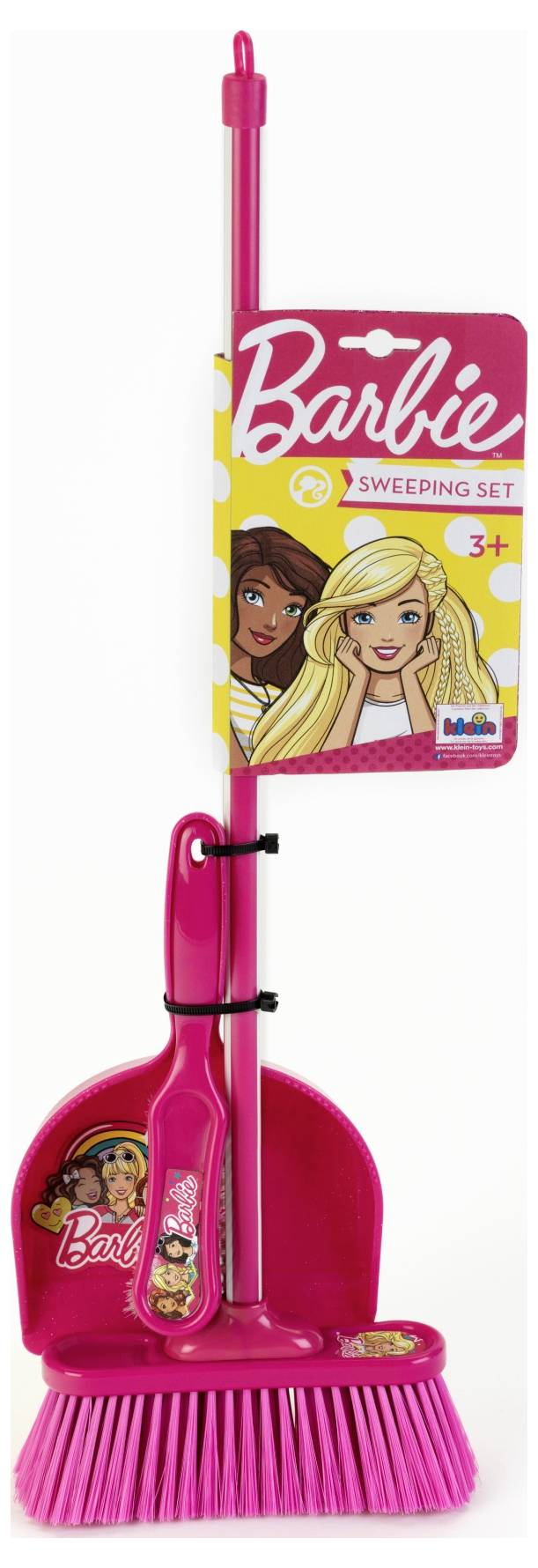 Pinkes Kinder-Besen- und Kehrschaufel-Set mit animierten Charakteren am Griff und auf der Verpackung, gekennzeichnet als 'Barbie Reinigungs-Set, 3+'.