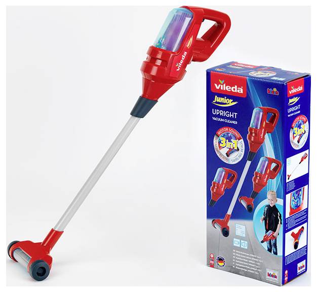 Spielzeug-Staubsauger in Rot mit aufrechter Bauweise. In einer Verpackung, die Funktionen wie '3 in 1' zeigt. Geeignet für Kinder.