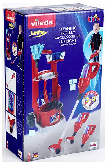 Vileda Junior Reinigungswagen<br><br>Enthält Spielzeug-Reinigungswagen, Zubehör und Standstaubsauger für Kinder. Junge beim Spielen abgebildet.