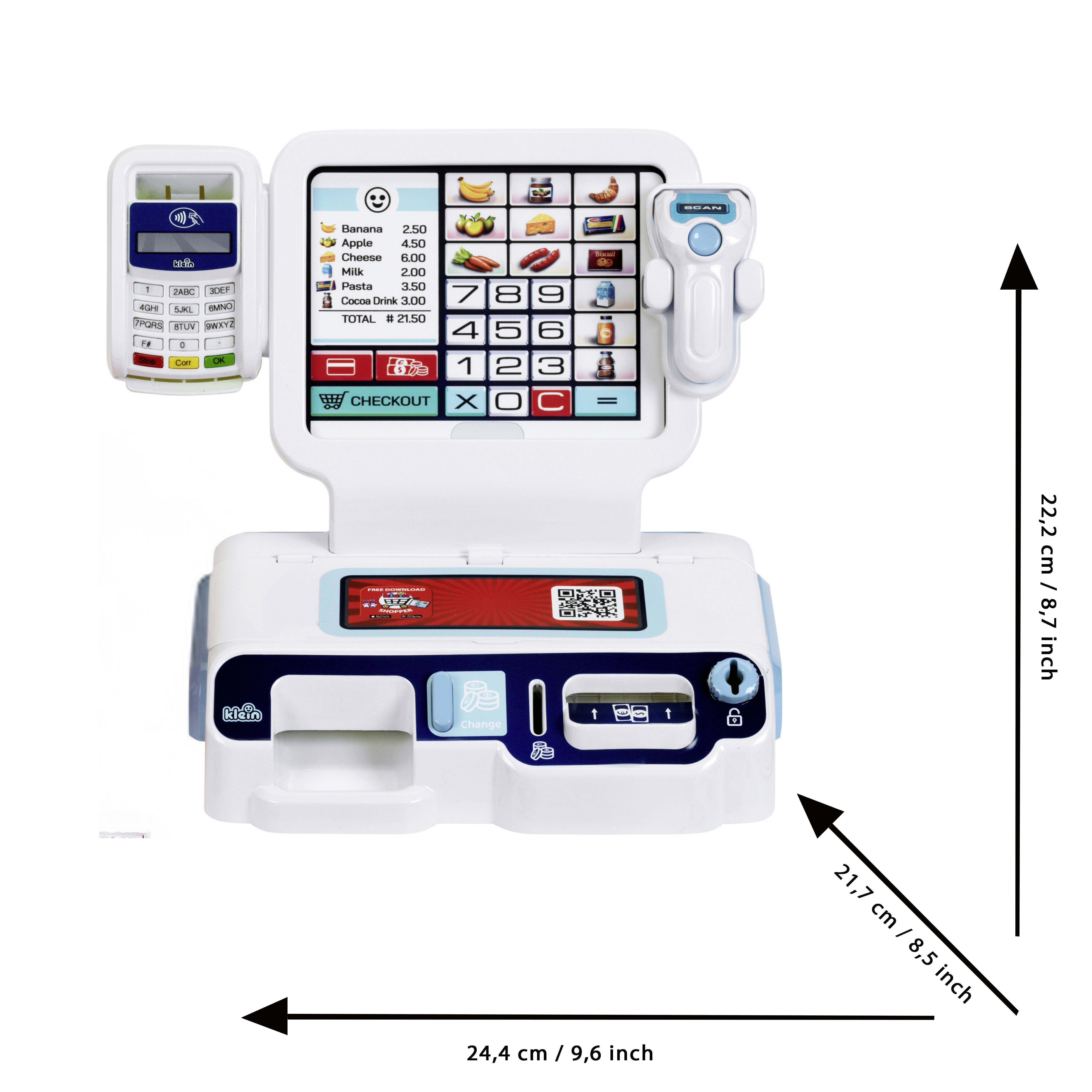 Theo Klein 7265 Selbstbedienungskasse I Scanner mit Licht & Sound I Display für 3 Themen I Warenkorb, Spielgeld, u.v.m.
