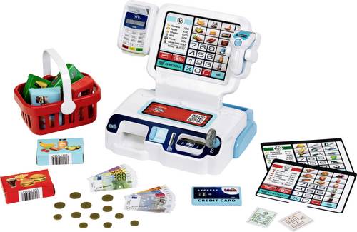 Theo Klein 7265 Selbstbedienungskasse I Scanner mit Licht & Sound I Display für 3 Themen I Warenkorb, Spielgeld, u.v.m.