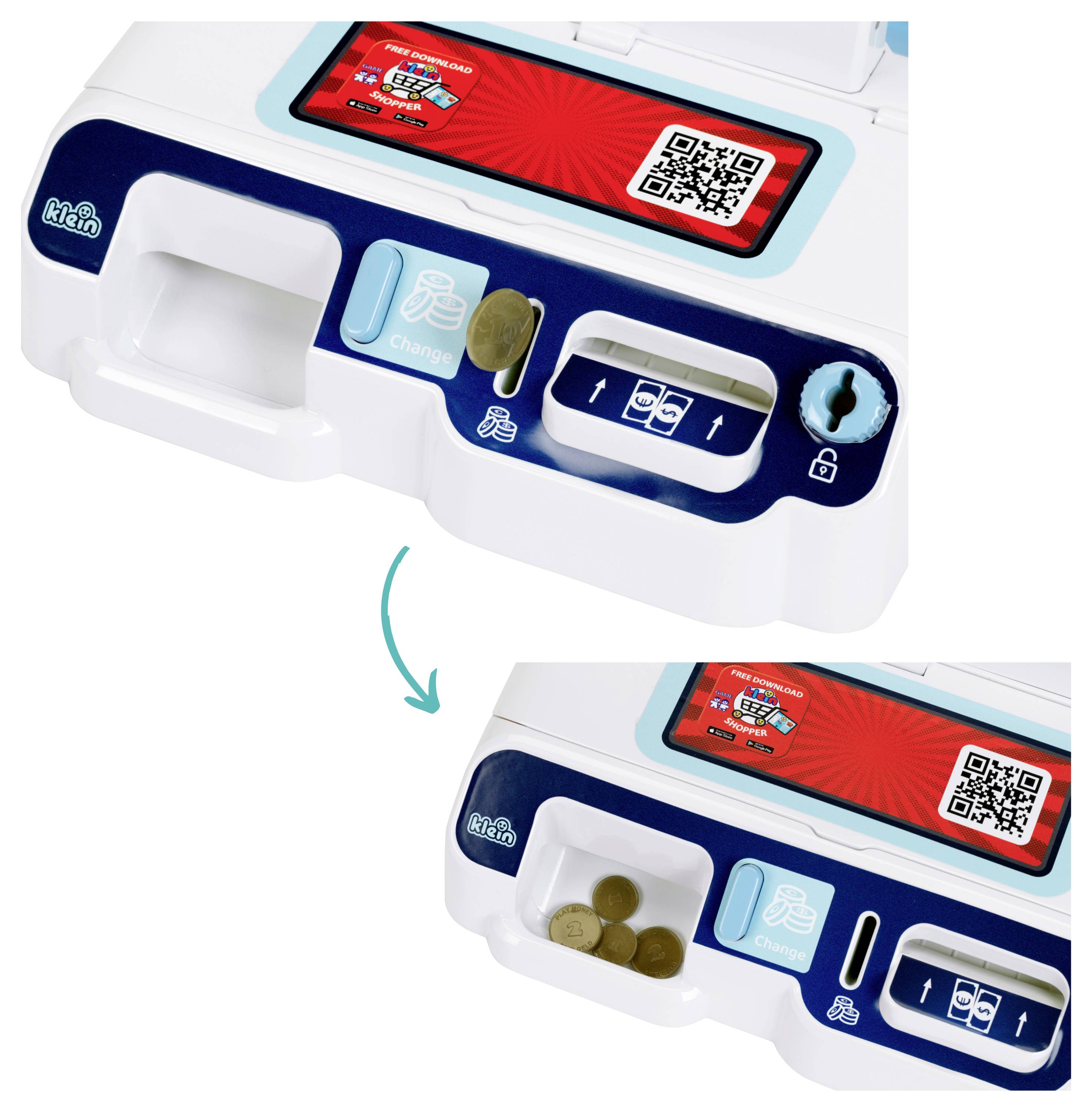 Theo Klein 7265 Selbstbedienungskasse I Scanner mit Licht & Sound I Display für 3 Themen I Warenkorb, Spielgeld, u.v.m.