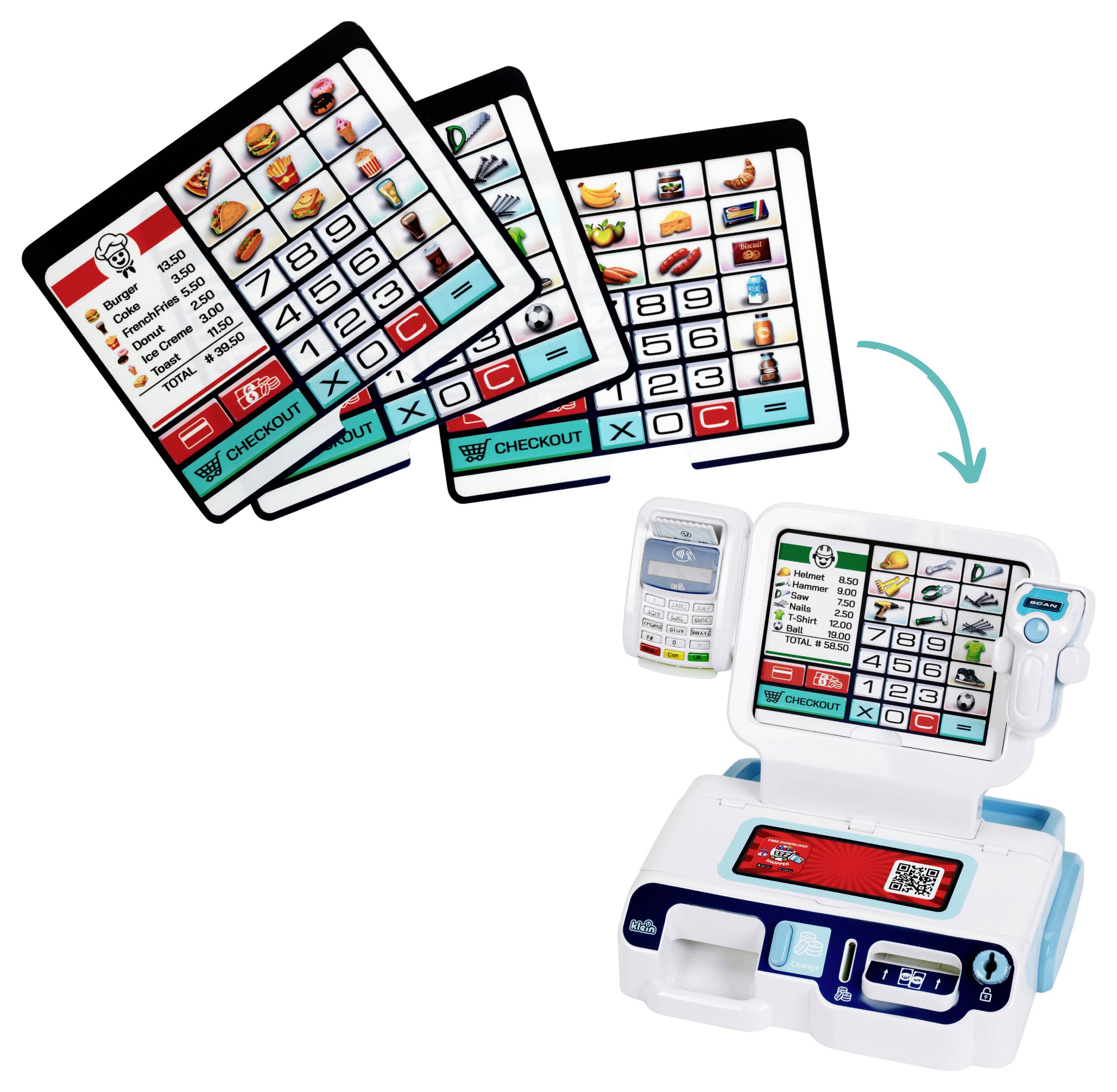 Theo Klein 7265 Selbstbedienungskasse I Scanner mit Licht & Sound I Display für 3 Themen I Warenkorb, Spielgeld, u.v.m.