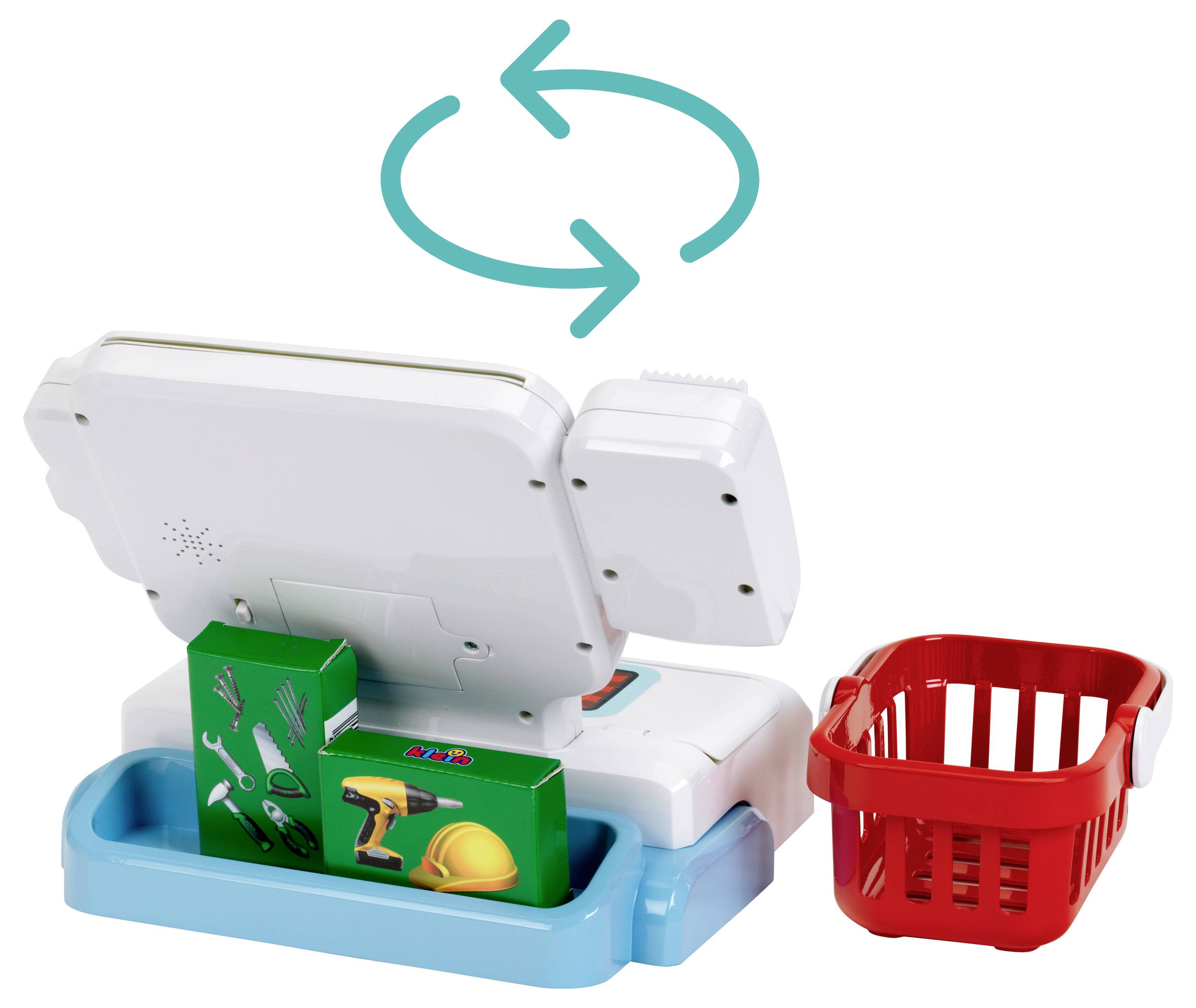 Theo Klein 7265 Selbstbedienungskasse I Scanner mit Licht & Sound I Display für 3 Themen I Warenkorb, Spielgeld, u.v.m.