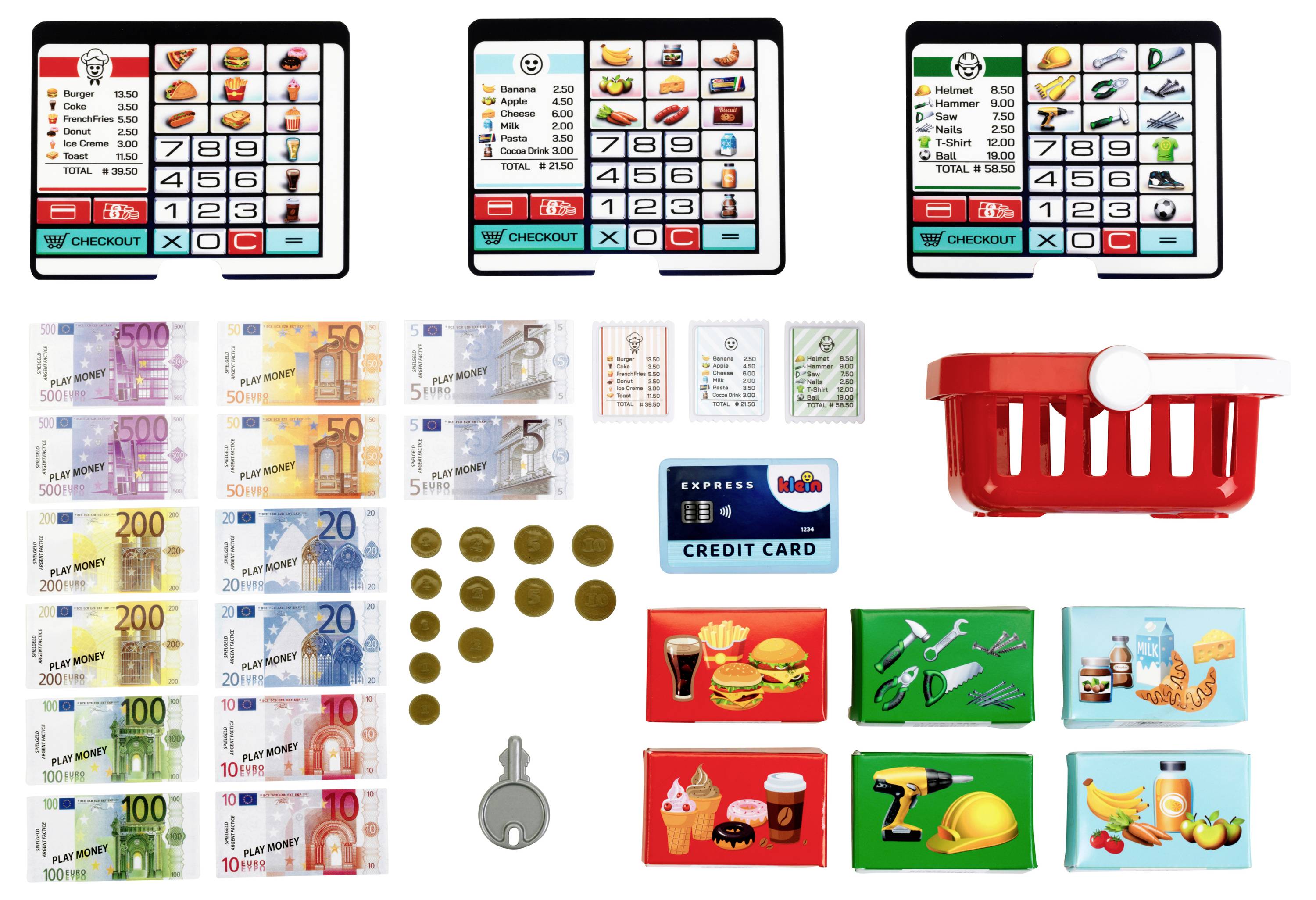 Theo Klein 7265 Selbstbedienungskasse I Scanner mit Licht & Sound I Display für 3 Themen I Warenkorb, Spielgeld, u.v.m.