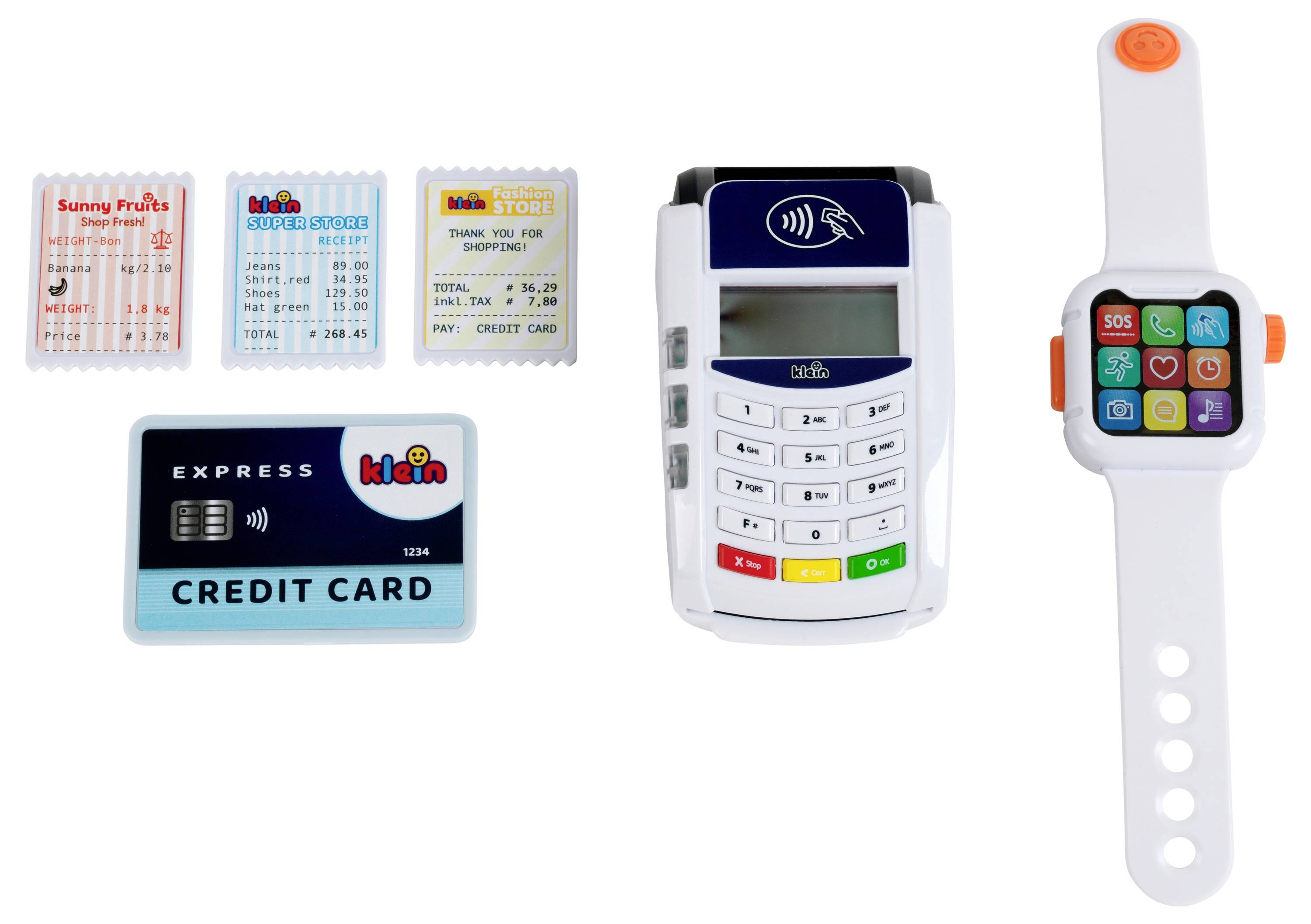 Theo Klein 7276 PoS Terminal und Smart Watch | Interaktives Spielzeug mit Licht, Sound und kontaktloser Bezahlfunktion | Spielzeug für Kinder ab