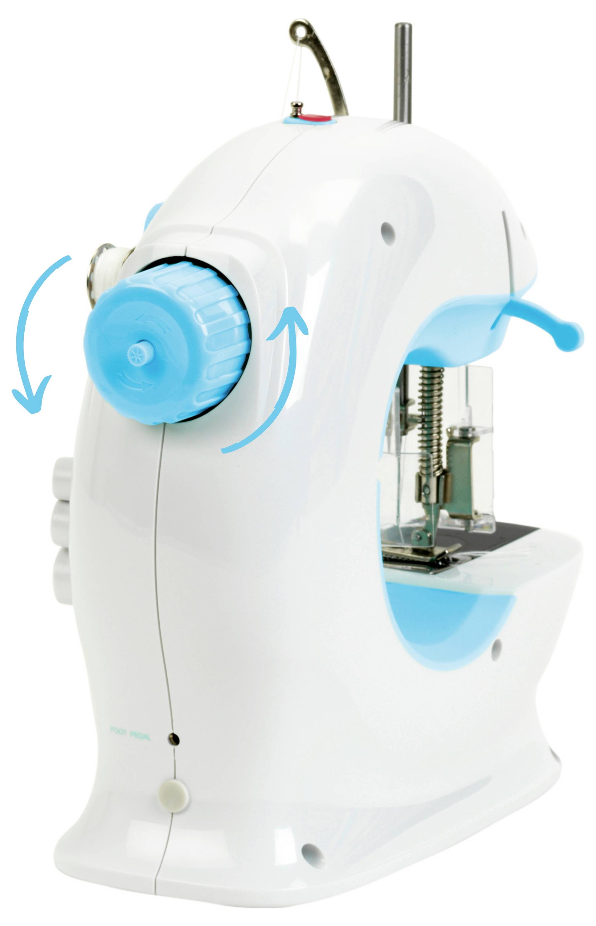 Eine kleine weiße und blaue Nähmaschine mit einem auffälligen Handrad und einfachen Bedienelementen, die für grundlegende Nähaufgaben konzipiert ist.