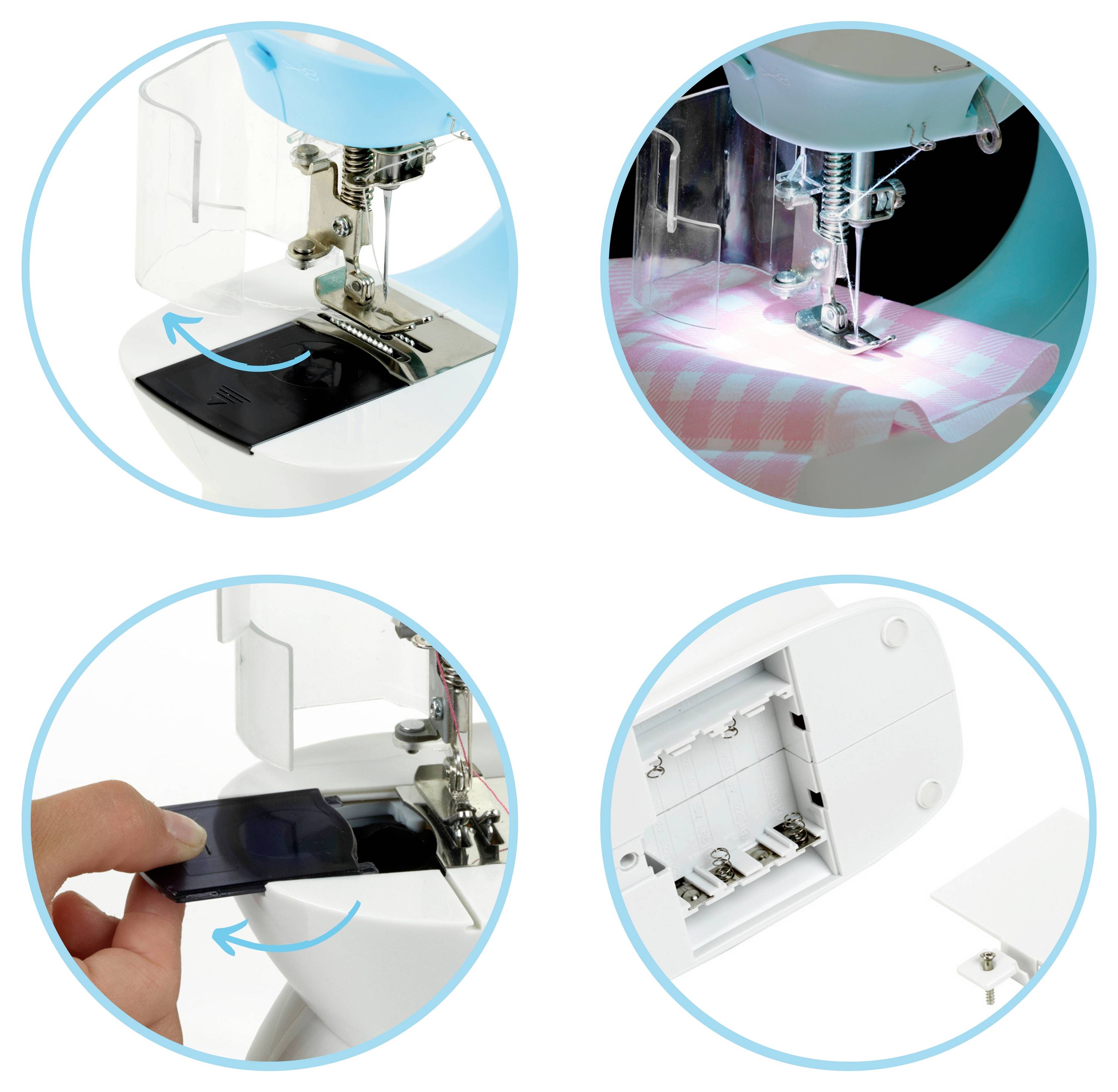 Vier Bilder zeigen verschiedene Merkmale einer Nähmaschine: Nadelbereich mit Stoff unter dem Nähfuß, ein leerer Spulenhalter, das Einsetzen einer Spule und ein Blick auf den inneren Mechanismus.