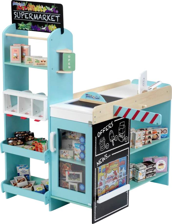 Spielzeug-Supermarkt-Spielset mit Kassenbereich, Regalen mit Spielzeug-Lebensmitteln und einer kleinen Kreidetafel für Angebote.