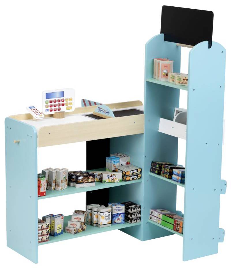 Ein Spielzeug-Supermarkt-Setup mit Regalen voller Scheinprodukte, einer Kasse und einem Kartenlesegerät. Enthält farbenfrohe Verpackungen und Spielzeugwaren.