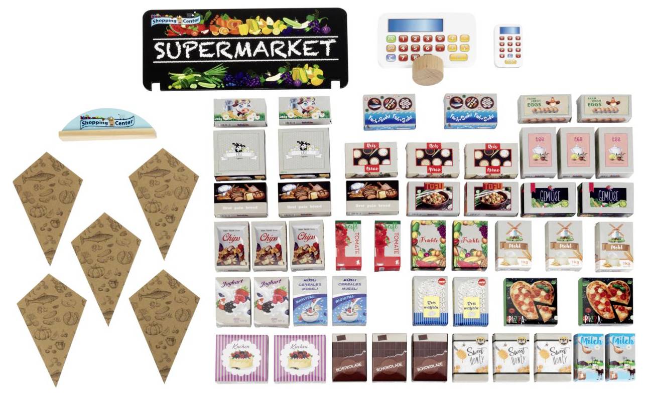 Spielzeug-Supermarkt-Set mit Schildern, Spielgeld und Verpackungen für verschiedene Produkte wie Müsli, Pizzen und Schokolade.