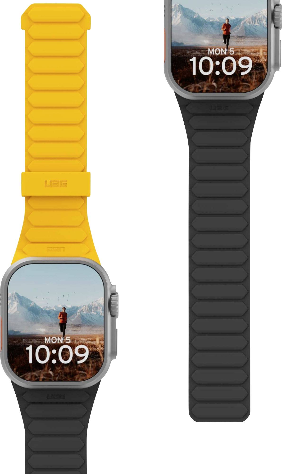 Zwei Smartwatches mit robusten Bändern. Eine Uhr hat ein leuchtend orangefarbenes Band, die andere ein dunkelgraues Band. Beide zeigen die Zeit als 10:09.