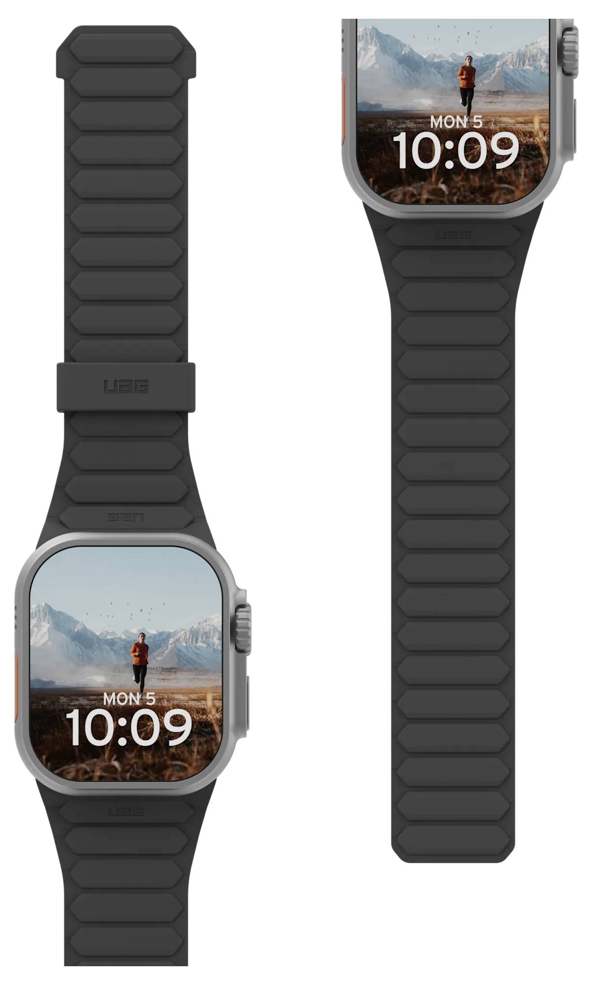 Eine Smartwatch, die die Zeit '10:09' und das Datum 'Mon 5' anzeigt, mit einer Person, die in einer bergigen Landschaft im Hintergrund steht.