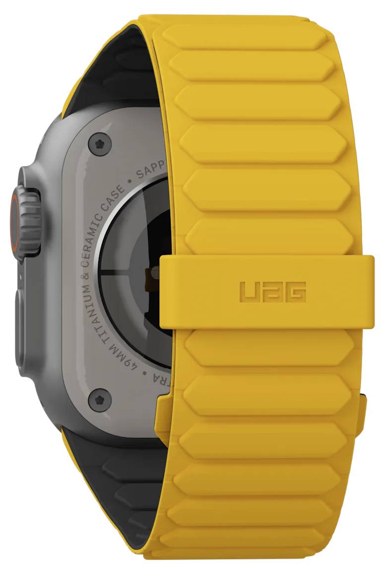 Eine Smartwatch mit einem grauen Gehäuse und einem lebhaft gelben Armband, auf dem 'UAG' zu sehen ist, die ein robustes und sportliches Design präsentiert.