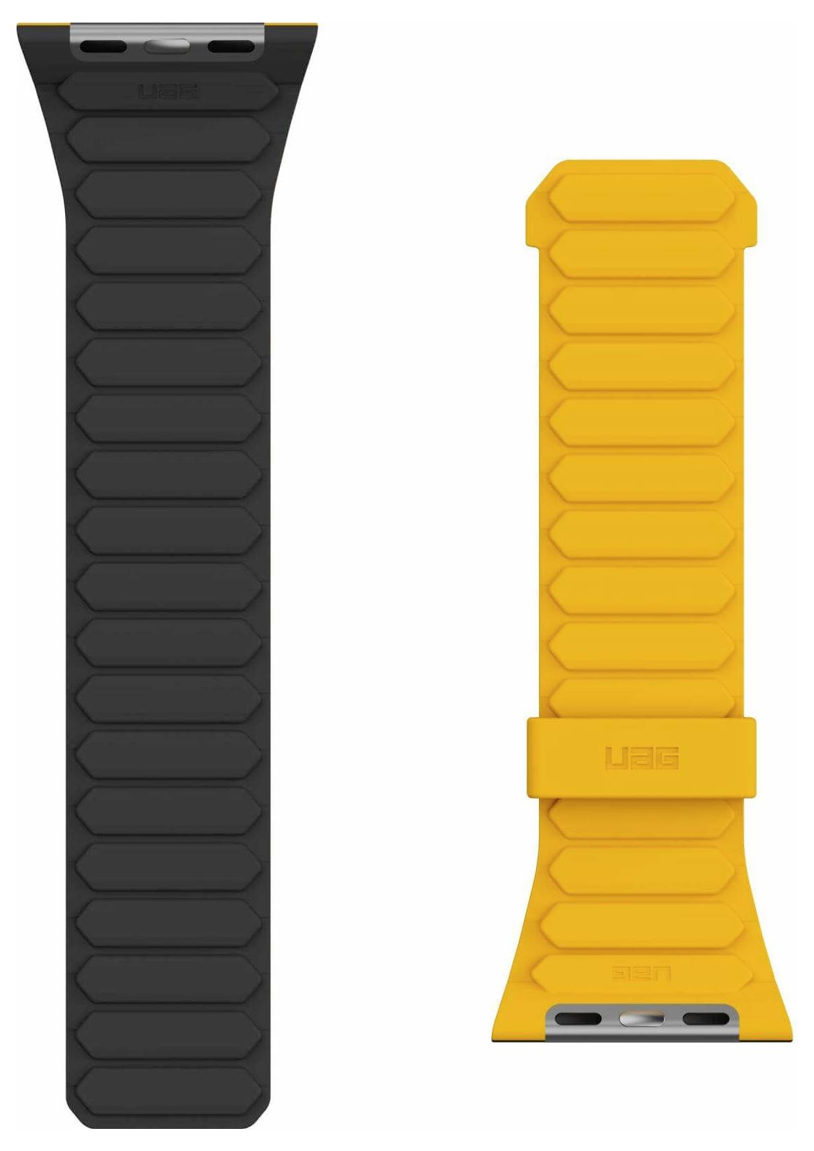 UAG Apple Watch Armbänder in Schwarz und Orange. Beide verfügen über ein robustes, strukturiertes Design mit einer Metallschließe, ideal für den Outdoor-Einsatz.