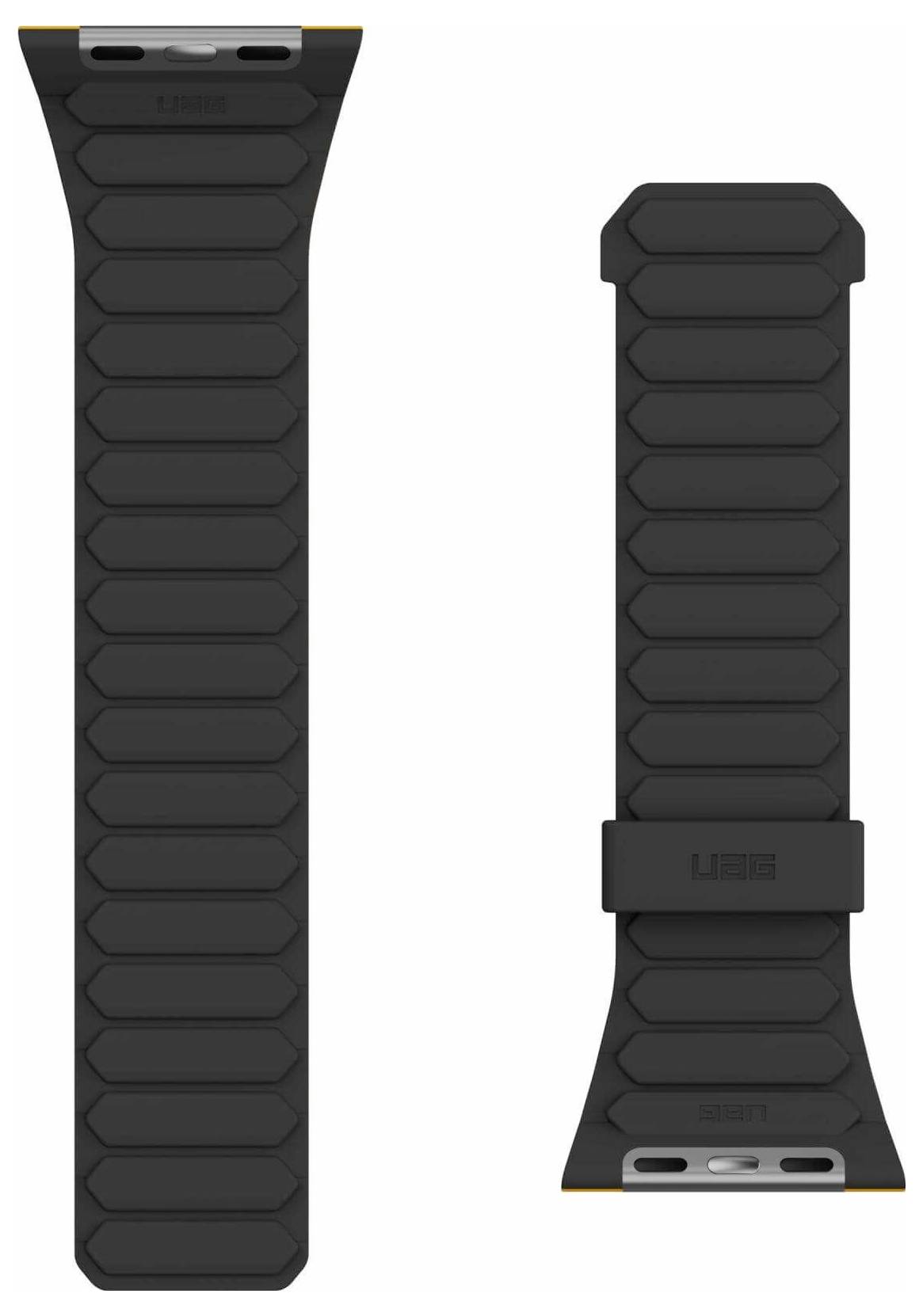 Orangefarbenes Uhrenarmband mit einer strukturierten, segmentierten Gestaltung, von oben betrachtet, mit zwei Teilen, einschließlich Schnalle und Verschlusselementen.