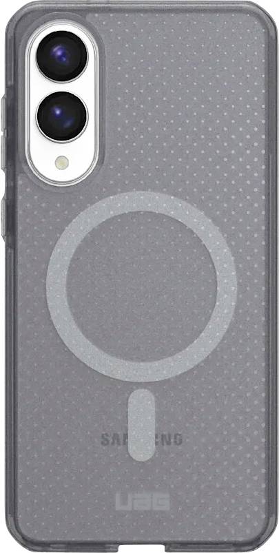 Eine Smartphone-Hülle mit strukturierter grauer Oberfläche, Ausschnitt für Dual-Kamera und 'UAG'-Branding am unteren Rand.