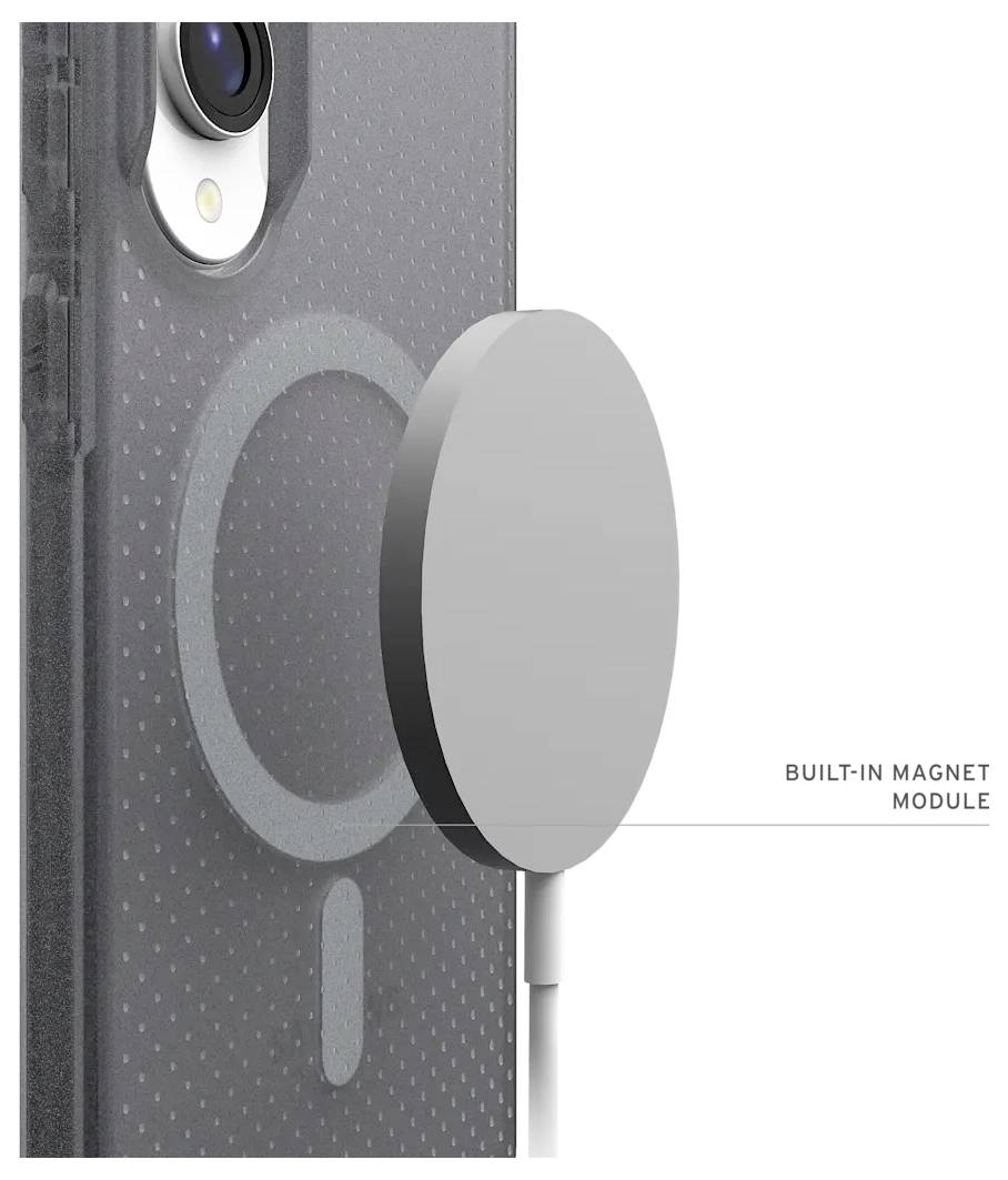 Ein Telefon mit einem Gehäuse, das ein kreisförmiges Magnetmodul auf der Rückseite aufweist. Ein kreisförmiges magnetisches Ladegerät ist mit dem Modul verbunden.