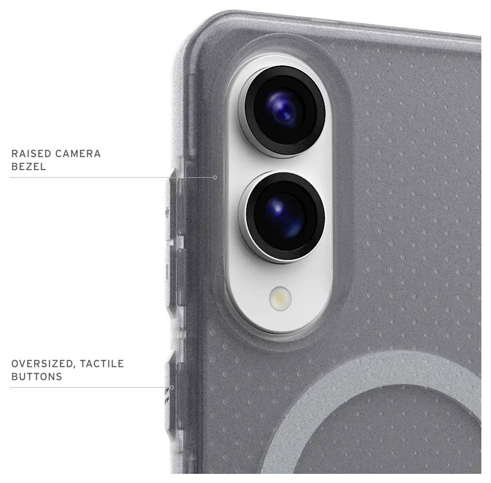 Eine Handyhülle mit zwei erhöhten Kamerarahmen und übergroßen, taktilen Tasten, die darauf ausgelegt sind, die Benutzerinteraktion zu verbessern.