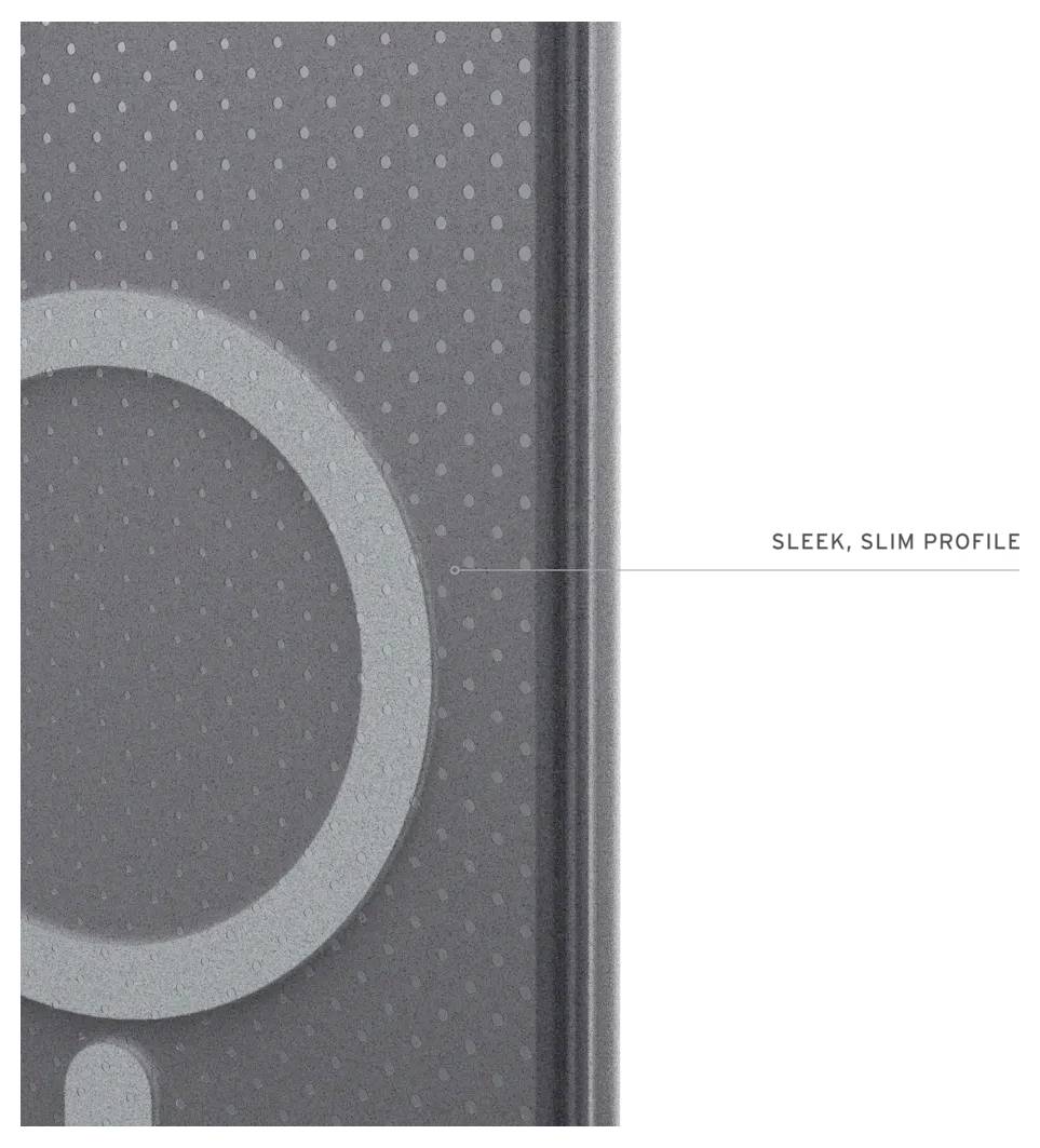 Eine strukturierte, dunkelgraue Oberfläche mit subtilen kreisförmigen Mustern ist abgebildet. Der Text lautet „Schlankes, schmales Profil