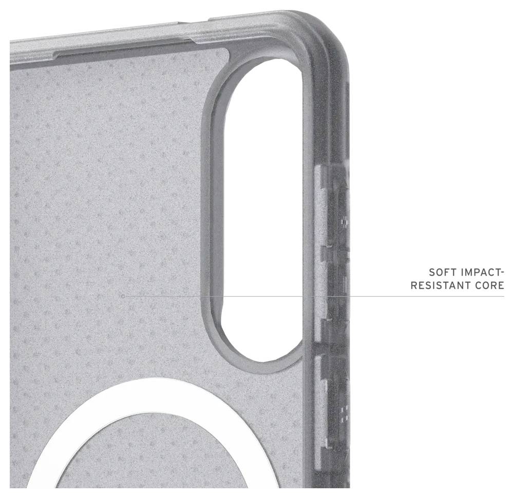 Transparente Handyhülle mit 'Soft Impact-Resistant Core'-Aufschrift und Aussparung für die Kamera, die das Schutzdesign des Materials präsentiert.