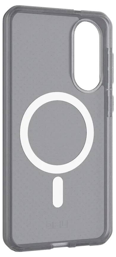 Eine transparente Handyhülle mit einem weißen Kreis und einem kleinen Liniendesign auf der Rückseite, die die Kompatibilität mit MagSafe-Zubehör anzeigt.