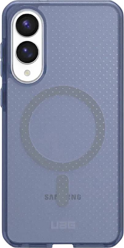 Nahaufnahme einer blauen Schutzhandyhülle mit Aussparungen für Dual-Kamera und einem kreisförmigen Designelement, mit den Markenlogos 'UAG' und 'SAMSUNG'.